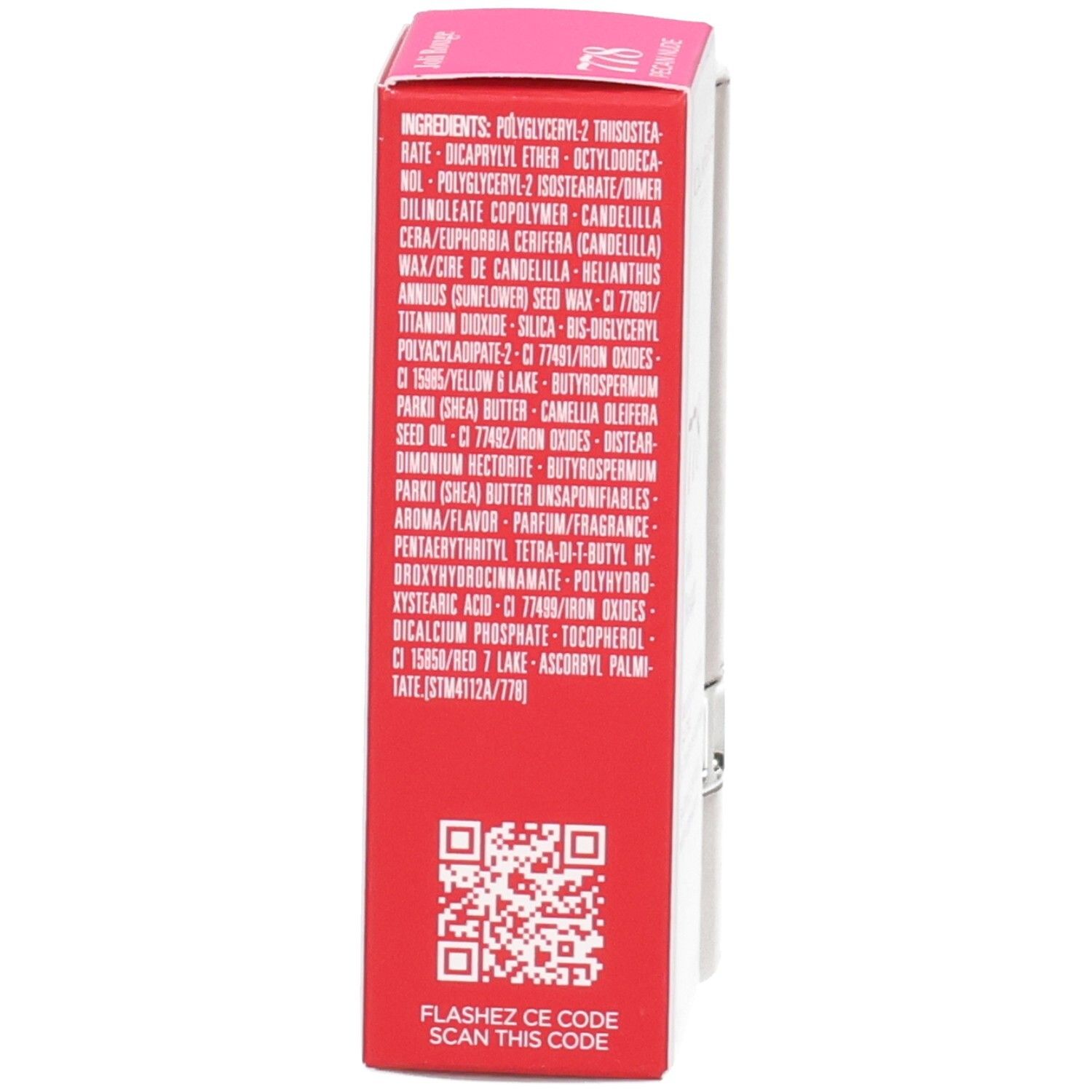 Rote Verpackung mit Inhaltsstoffliste und QR-Code.