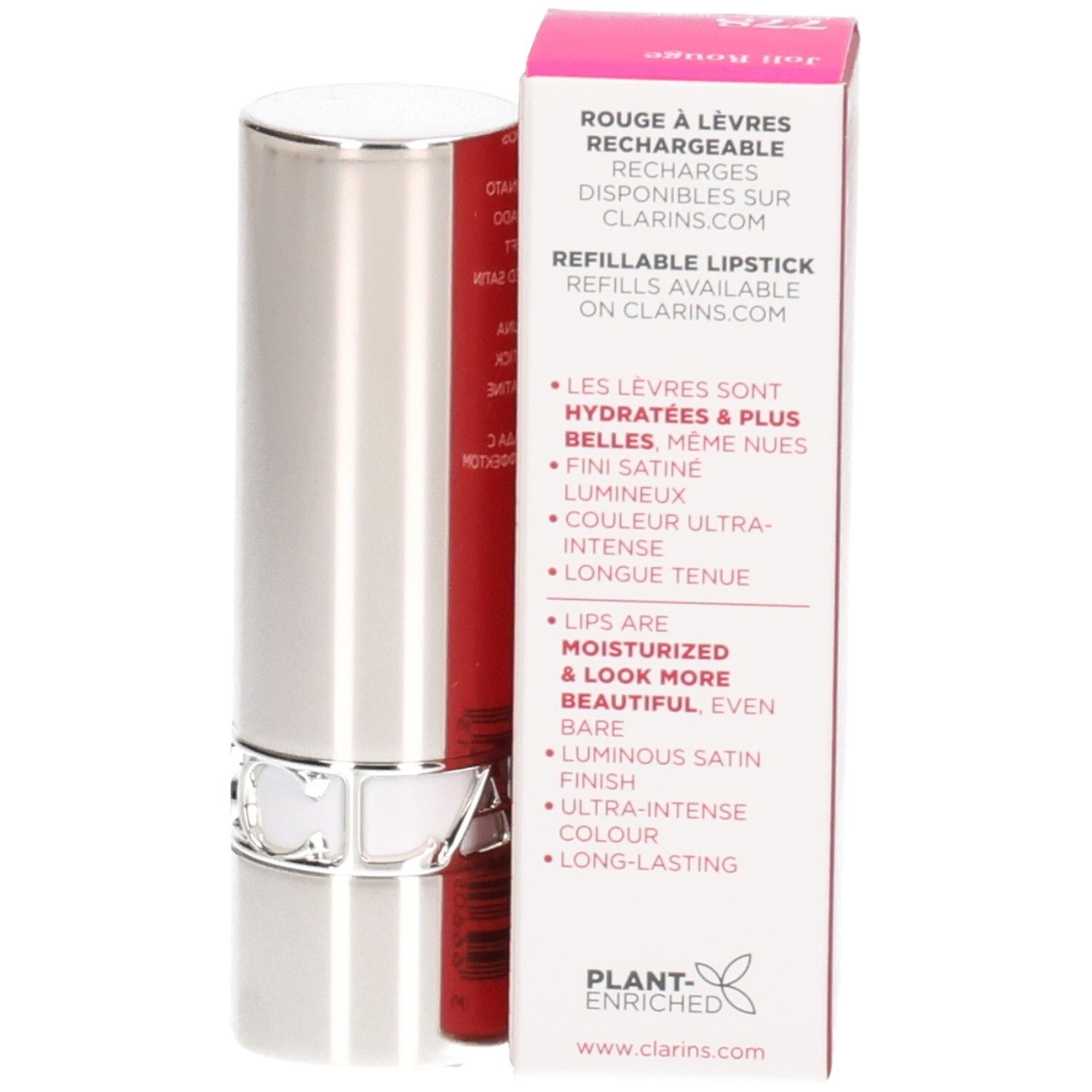 Silberner Lippenstifttiegel mit rotem Stift. Daneben eine Verpackung mit Produktinformationen.