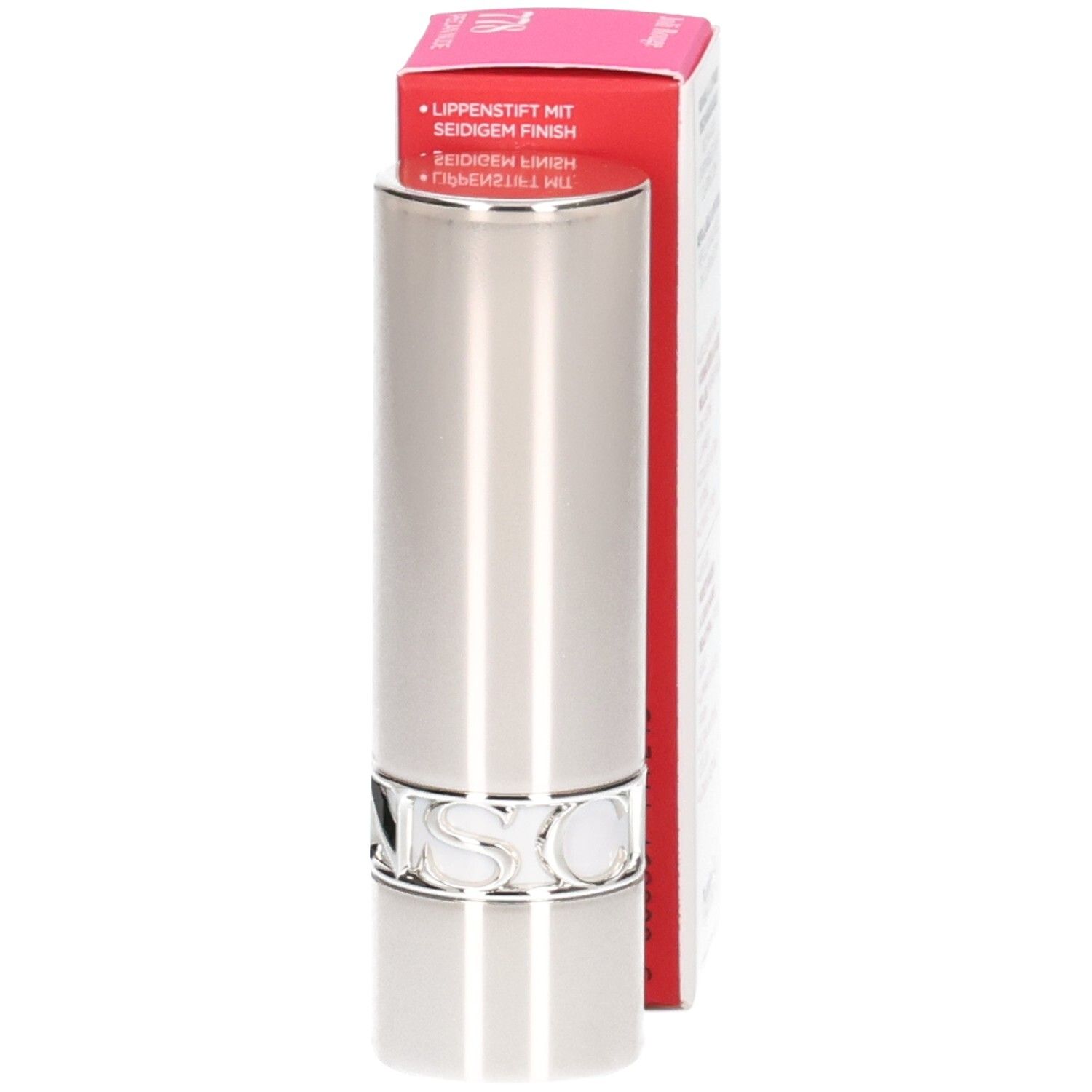 Silberner Lippenstift mit silbernem Ring und sichtbarer Aufschrift. Rote Verpackung mit Text.