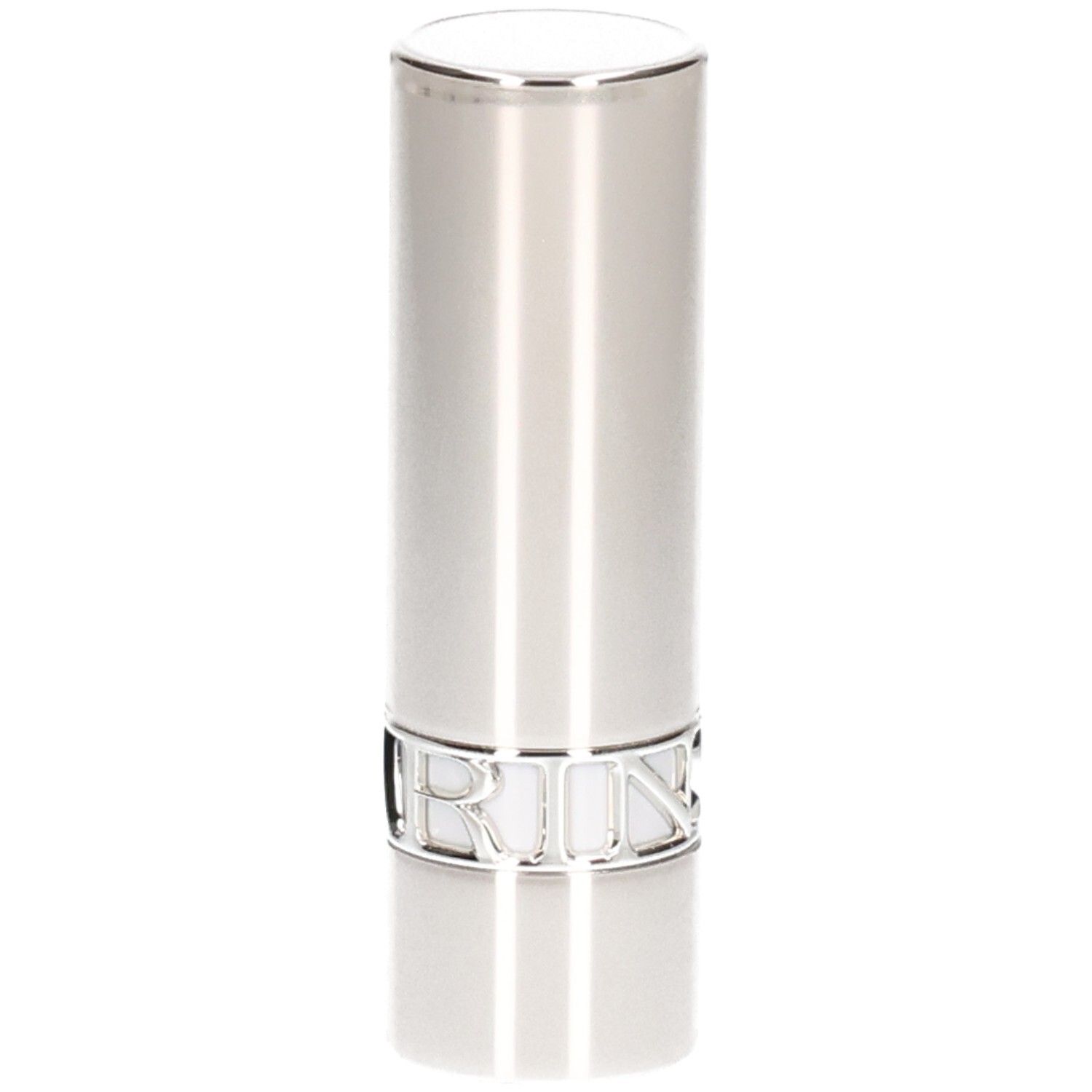 Silberner Lippenstifttiegel mit glänzender Oberfläche und silbernem Markenschriftzug am unteren Rand.