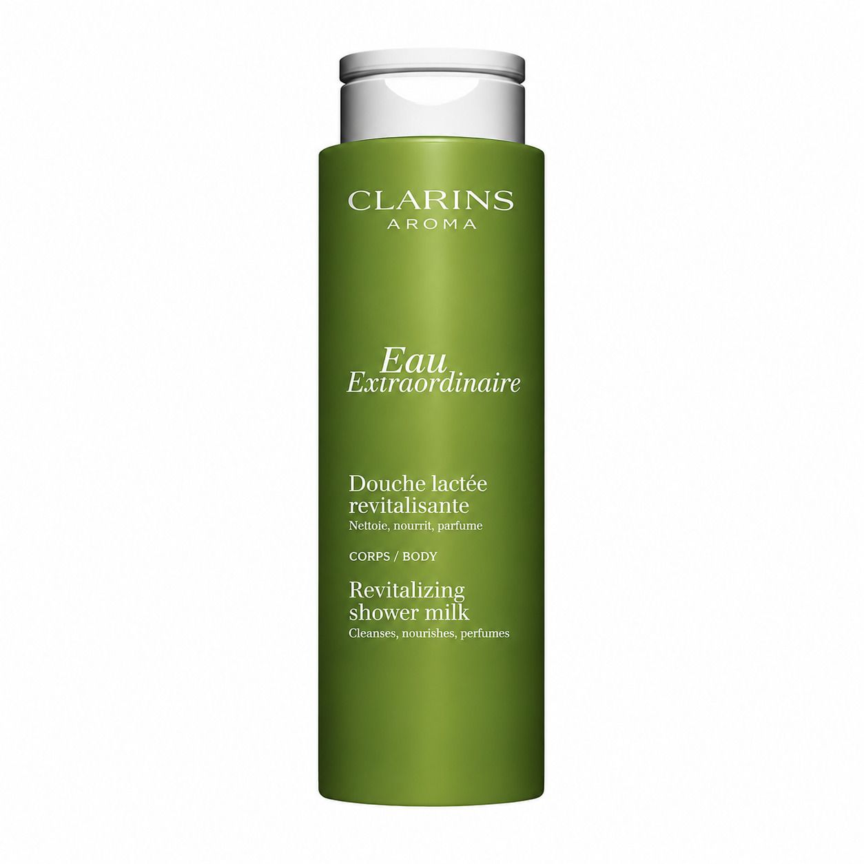 Bouteille de lait de douche Clarins, emballage vert avec bouchon rabattable blanc et étiquette produit.