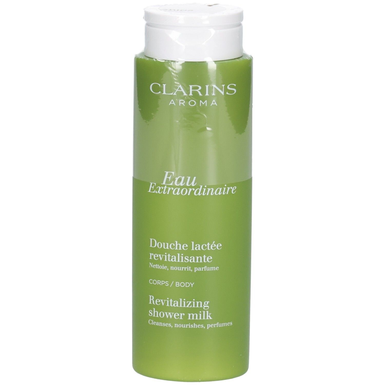 Lait de douche revitalisant Clarins dans une bouteille verte avec un bouchon rabattable blanc.