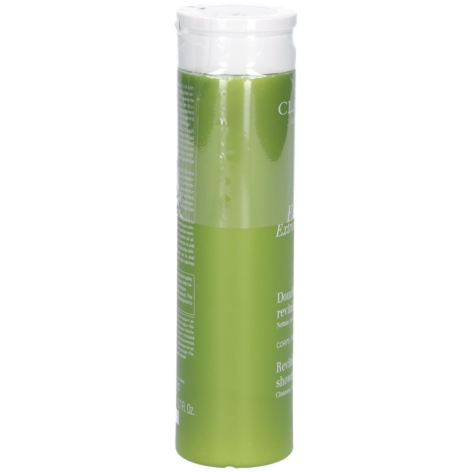 Arrière de la bouteille de lait de douche Clarins avec informations produit et code-barres.
