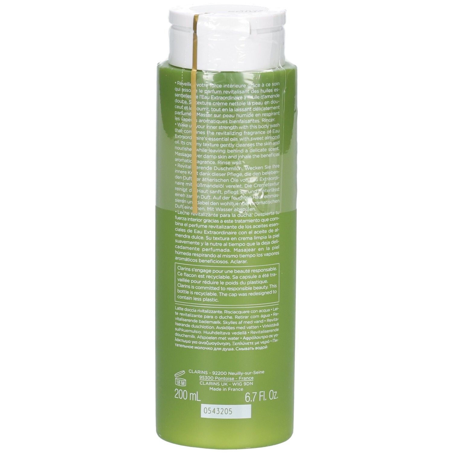 Bouteille de lait de douche Clarins, arrière avec informations détaillées sur le produit et le volume.