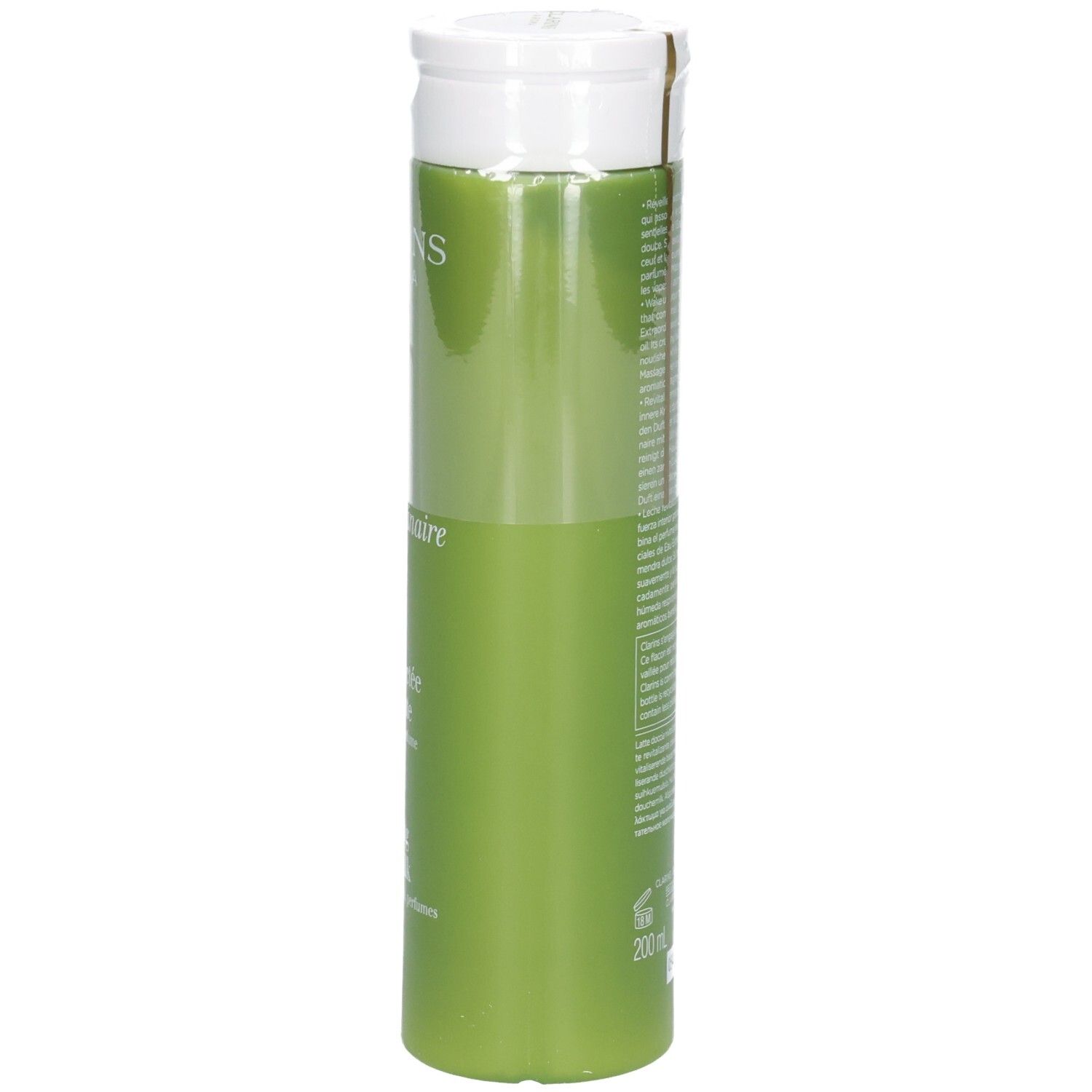 Vue latérale de la bouteille de lait de douche Clarins, emballage vert avec bouchon blanc.