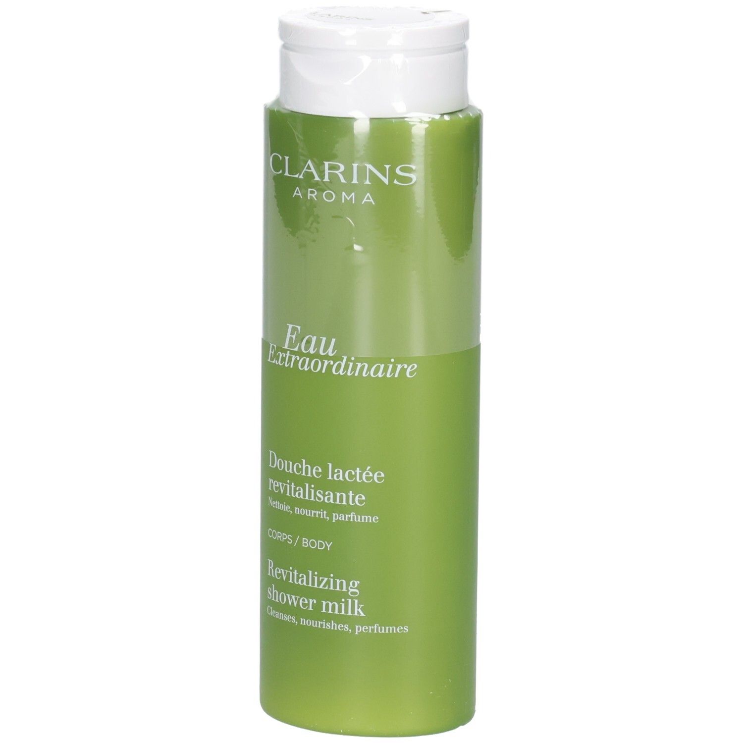Bouteille de lait de douche Clarins, emballage vert avec bouchon rabattable blanc et étiquette produit.
