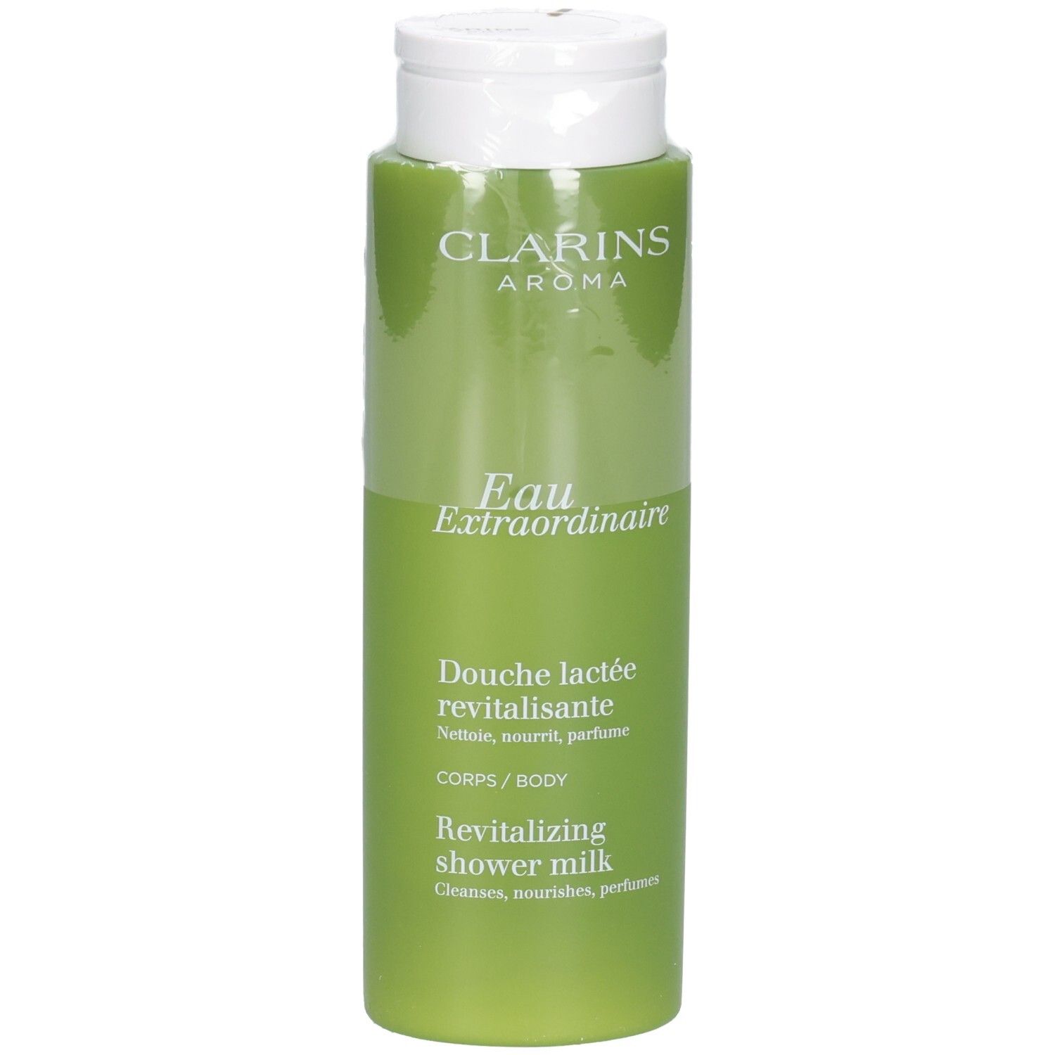 Bouteille de lait de douche Clarins, emballage vert avec bouchon rabattable blanc et étiquette produit.