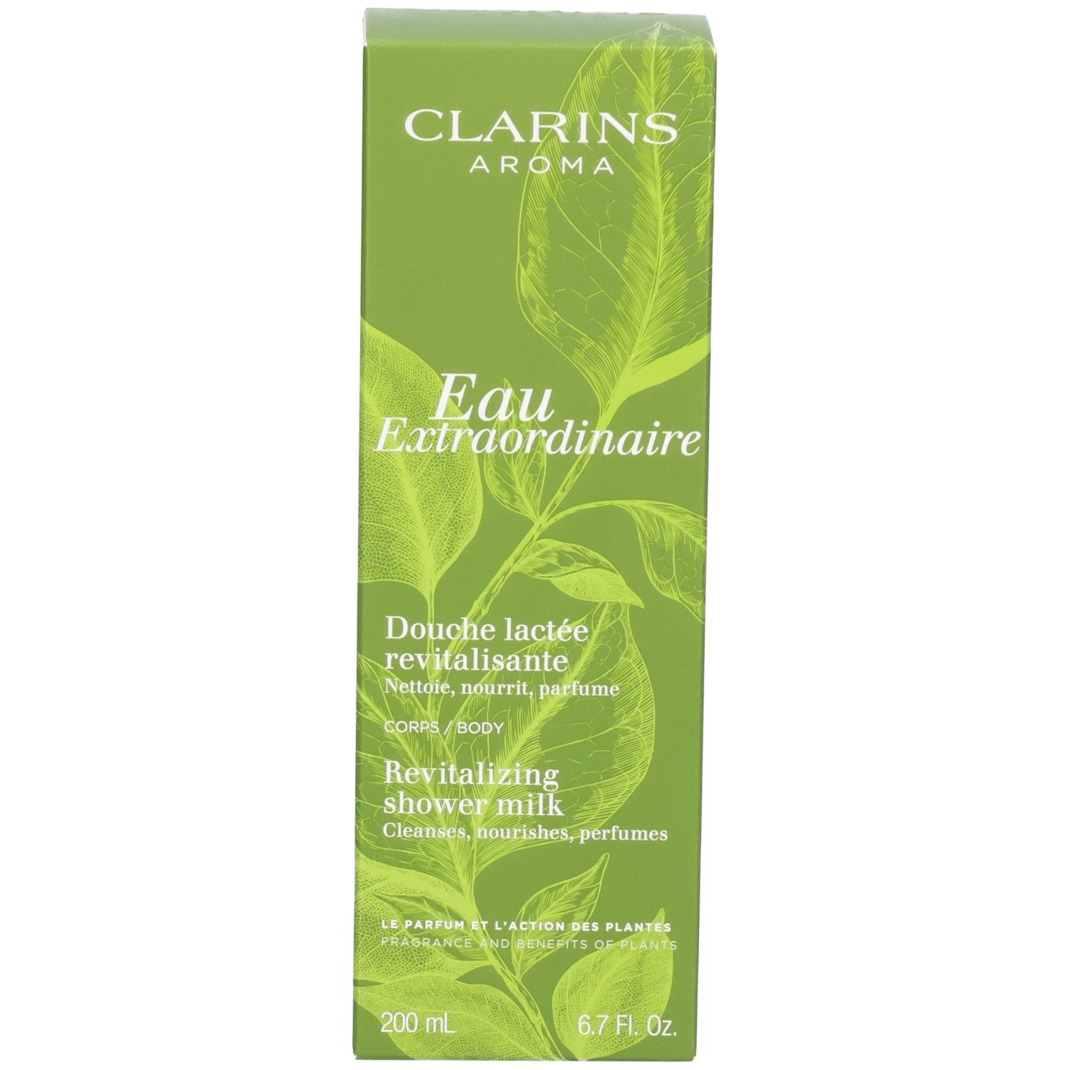 Bouteille de lait de douche Clarins et son emballage extérieur avec motif de feuilles, couleurs vertes.