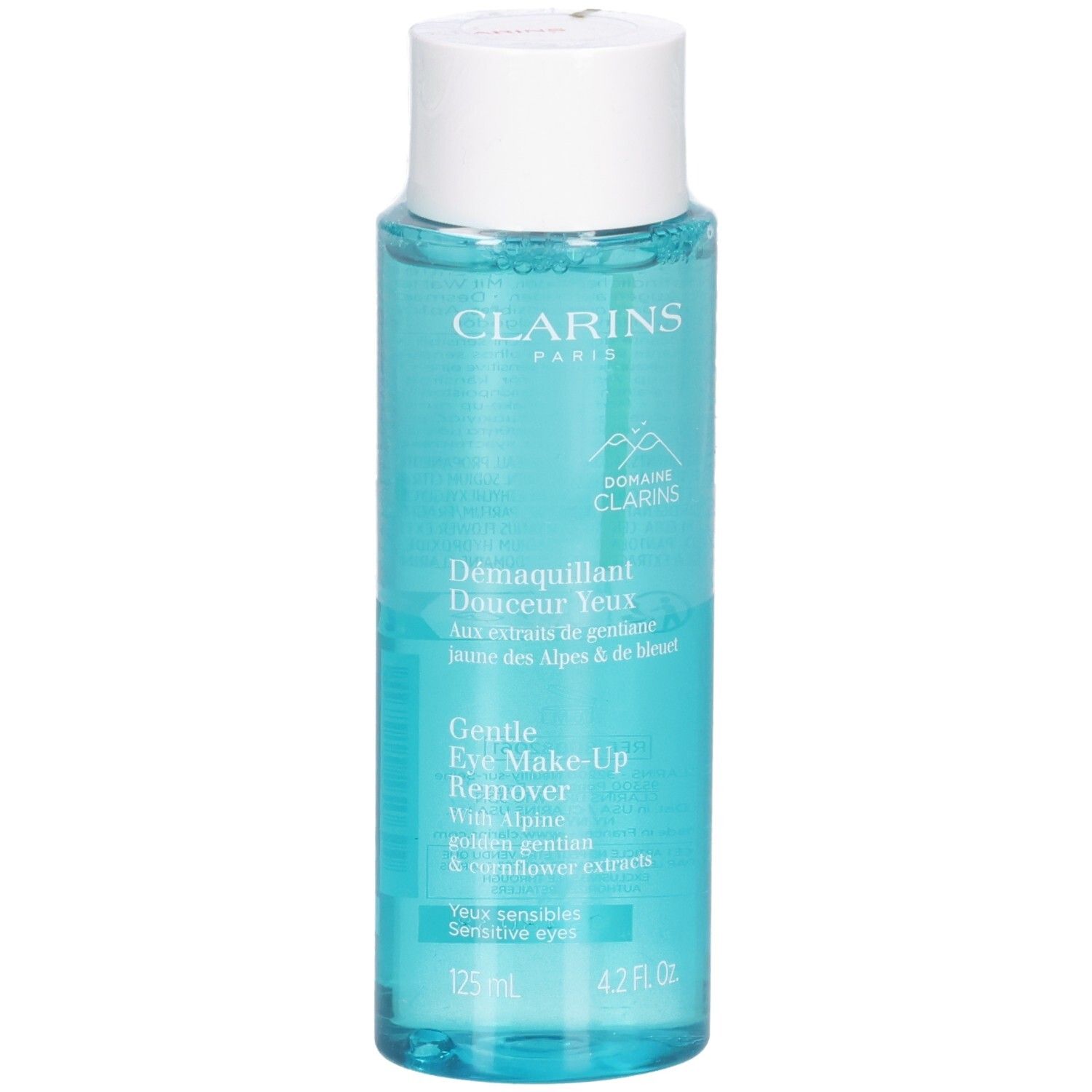Clarins Augen Make-Up Entferner, 125 ml, in durchsichtiger Flasche mit weißem Deckel.