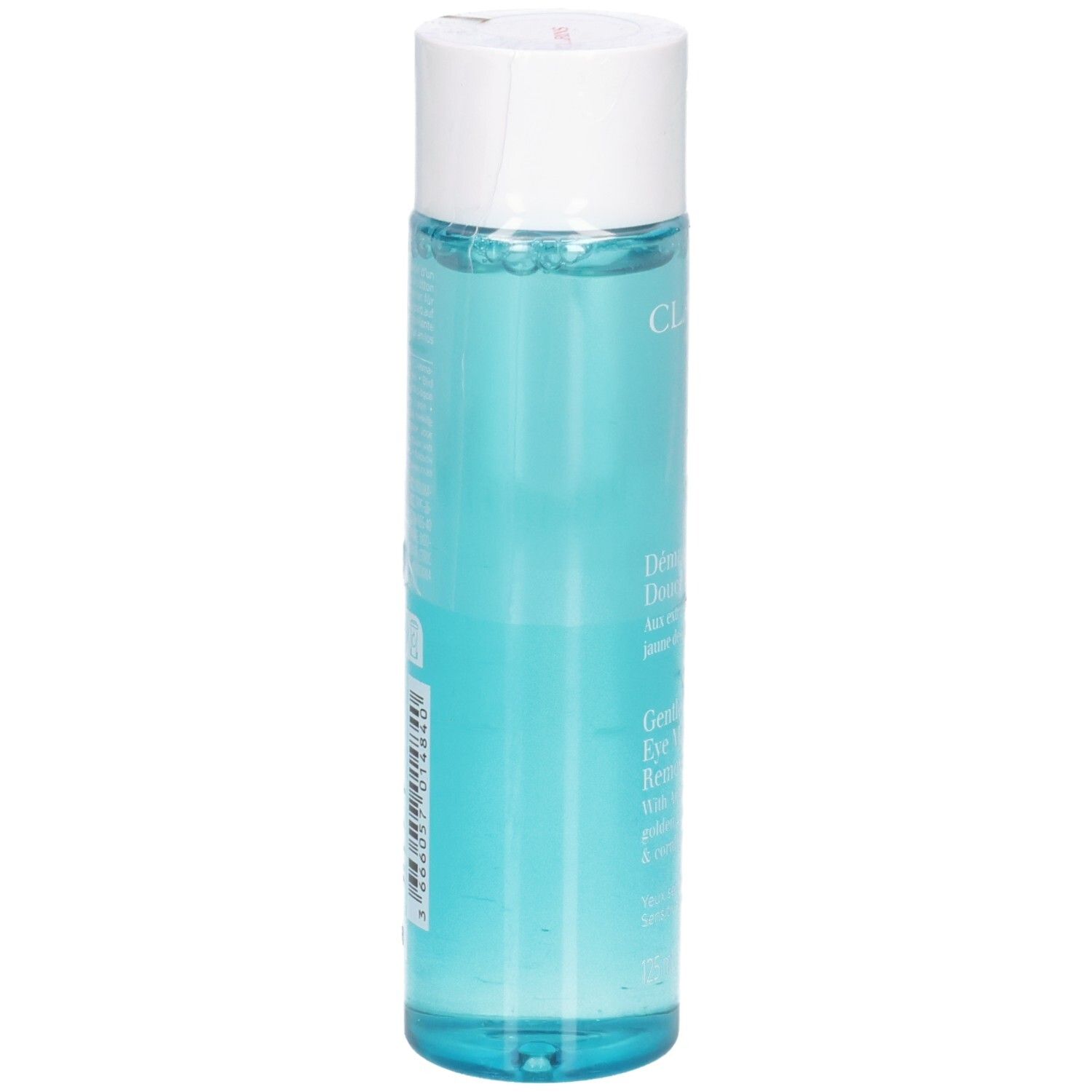 Clarins Augen Make-up Entferner, 125ml, in durchsichtiger Flasche mit weißem Deckel.