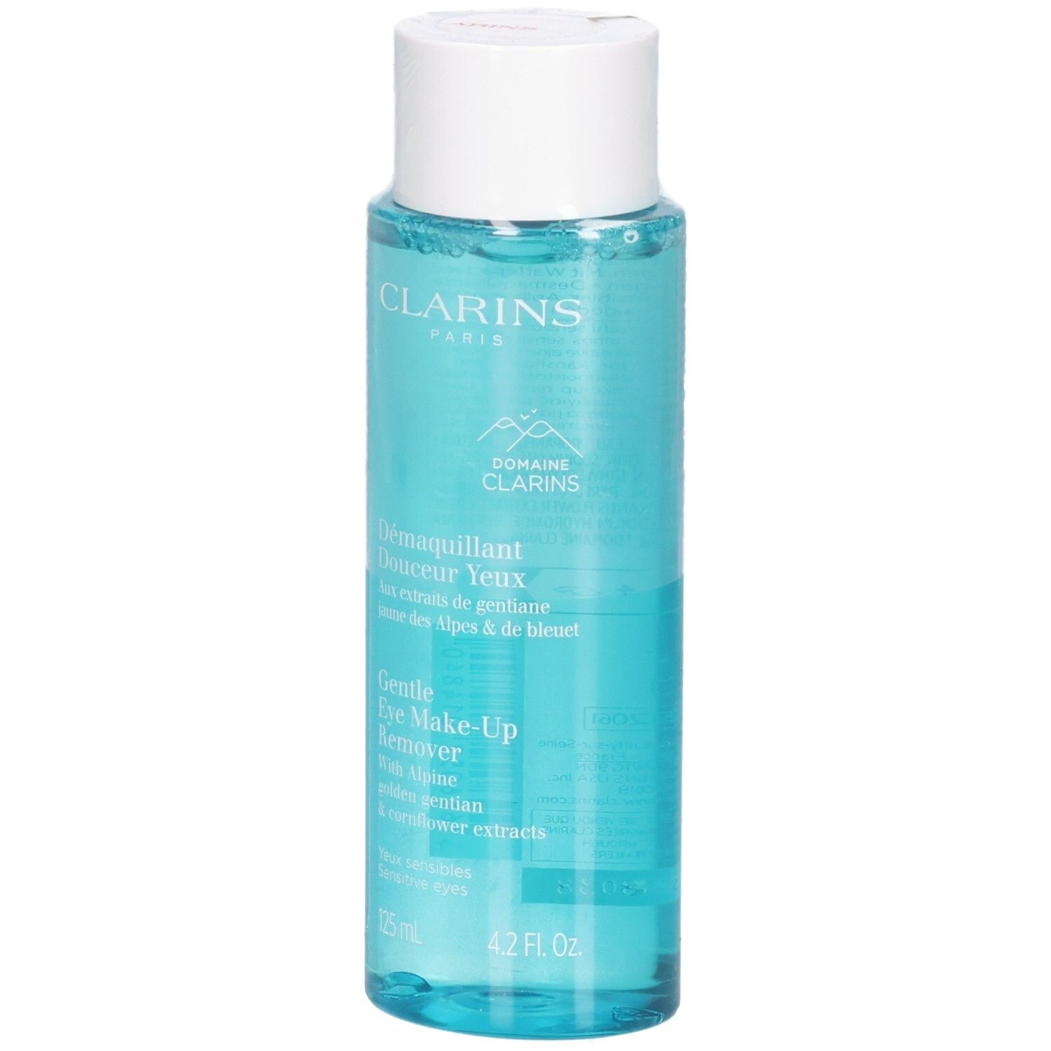 Clarins Augen Make-Up Entferner, 125ml, klare Flüssigkeit in transparenter Flasche.