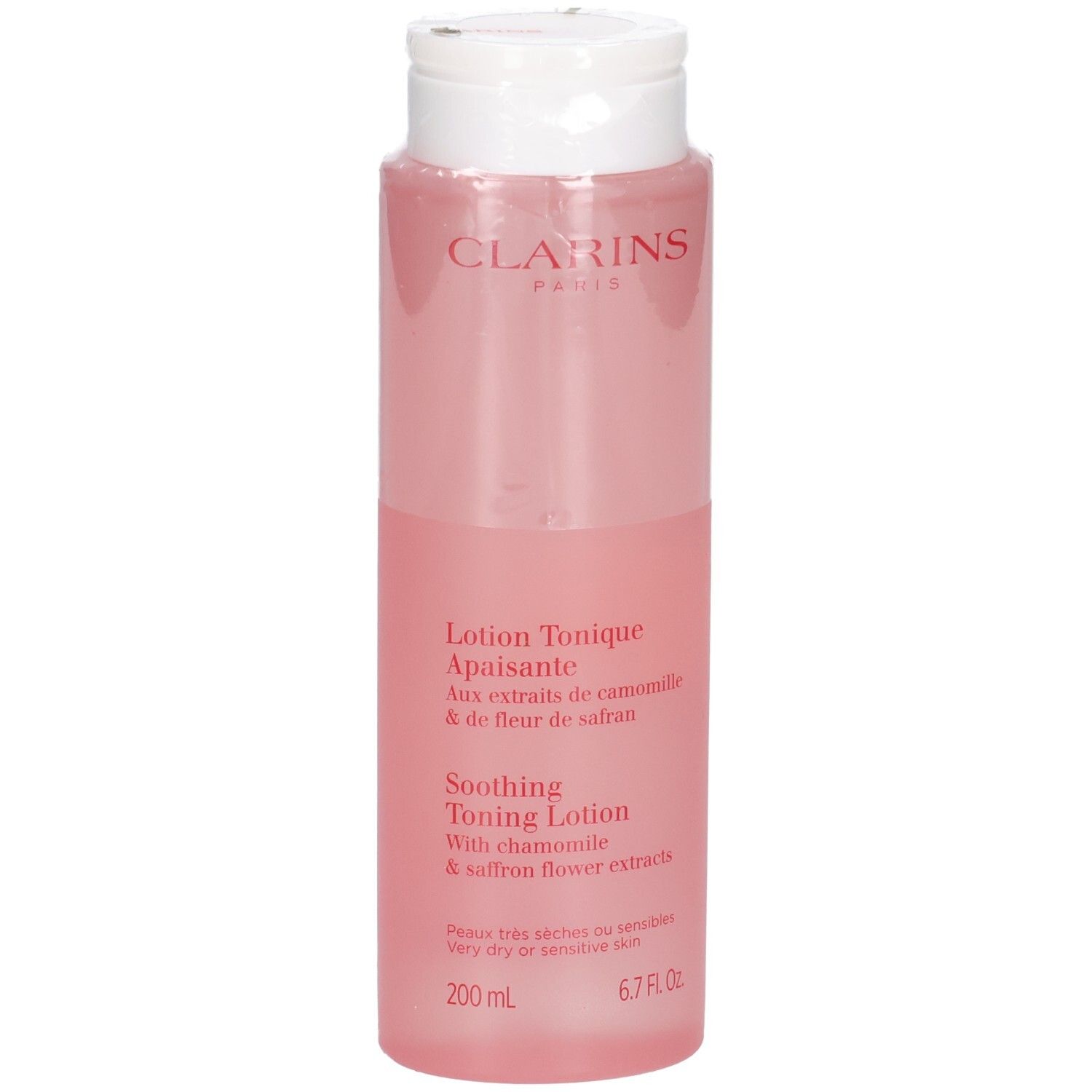 Clarins Beruhigende Tonic Lotion in einer durchsichtigen rosa Flasche mit weißem Klappdeckel. 200 ml.