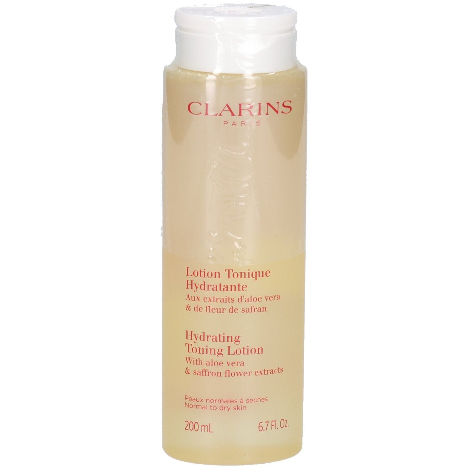 Clarins Lotion Tonique Hydratante, 200 ml, aux extraits d'aloe vera et de fleur de safran.