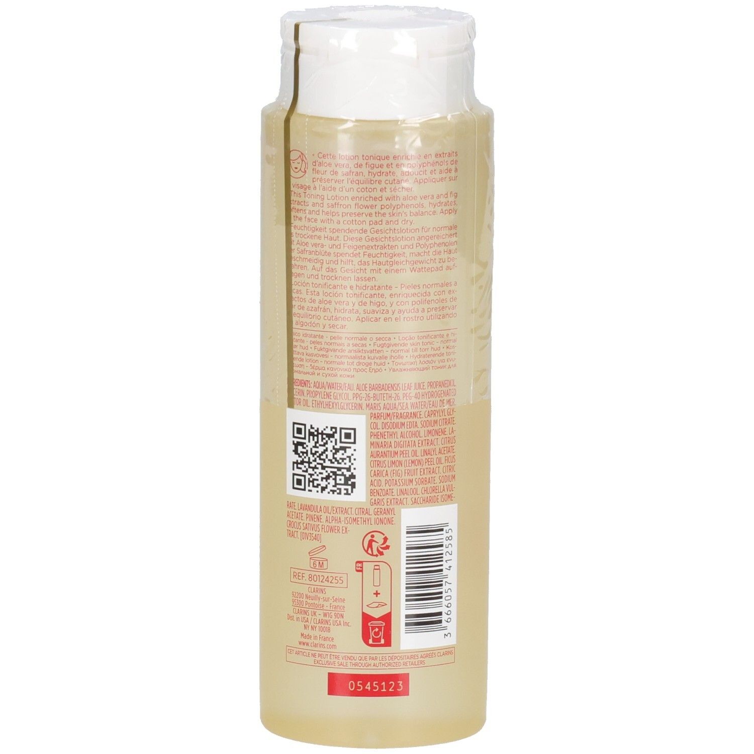 Clarins Lotion Tonique Hydratante, verso avec liste d'ingrédients détaillée et QR code.