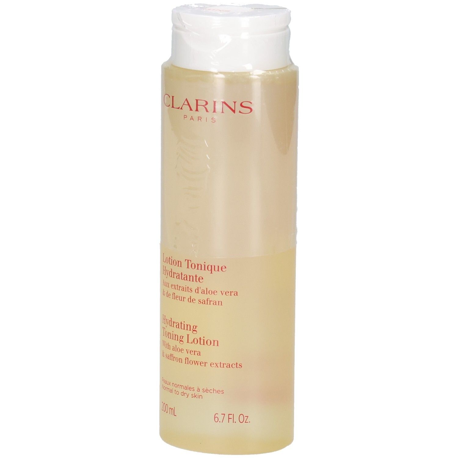 Clarins Lotion Tonique Hydratante, 200 ml, aux extraits d'aloe vera et de fleur de safran.
