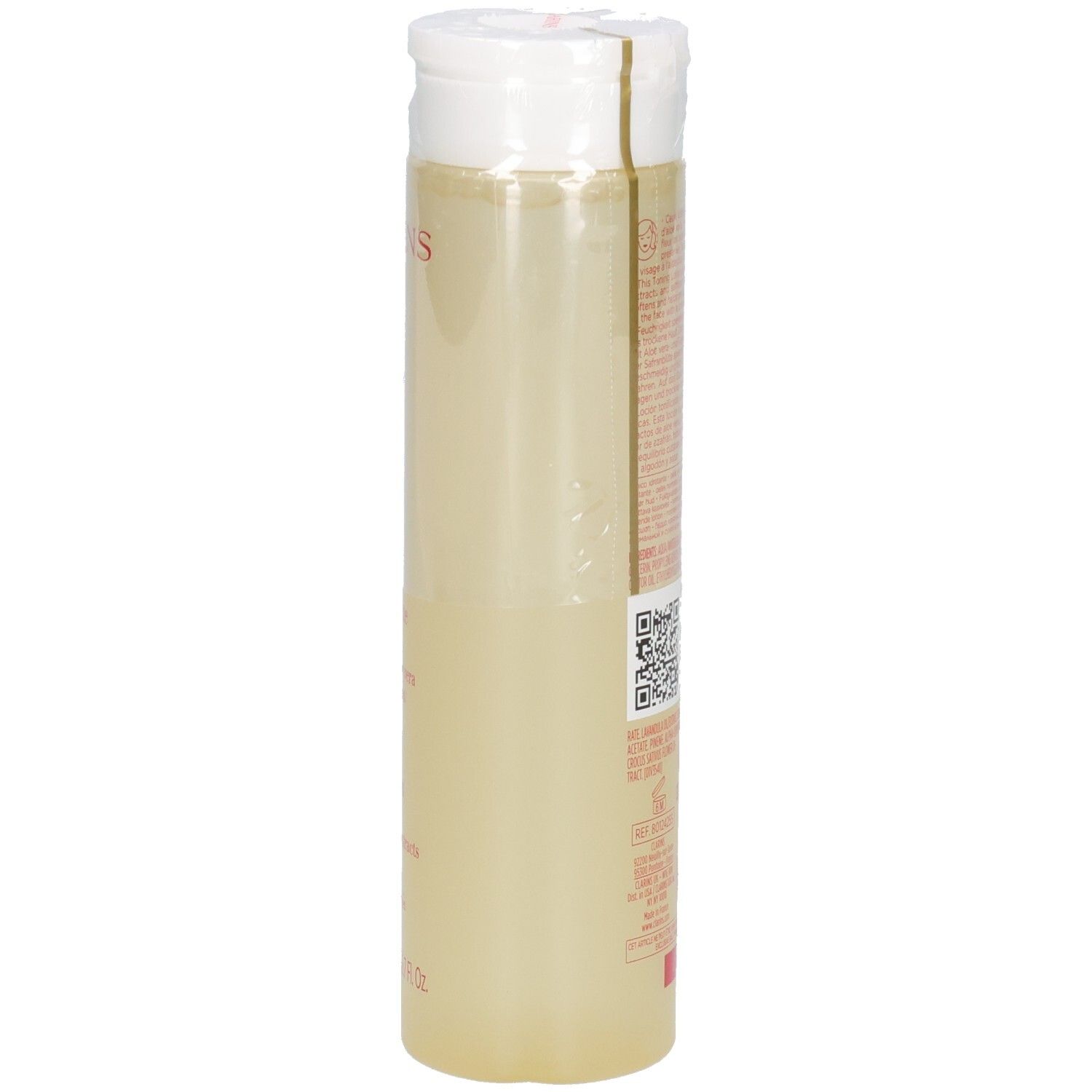 Clarins Lotion Tonique Hydratante, vue latérale de la bouteille avec liquide jaunâtre.