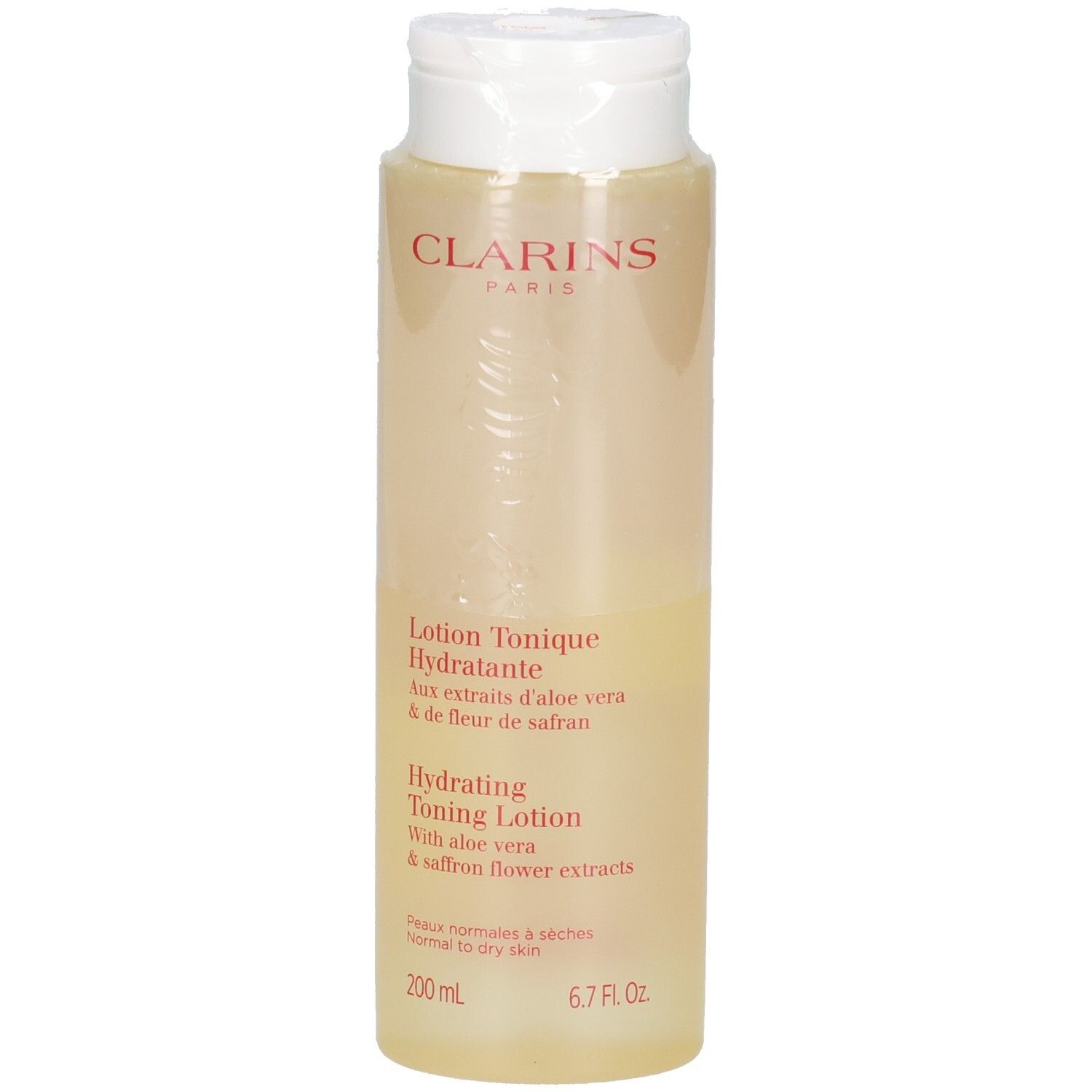 Clarins Lotion Tonique Hydratante, 200 ml, aux extraits d'aloe vera et de fleur de safran.