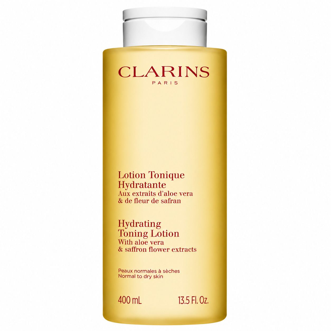 Clarins Lotion Tonique Hydratante, 400 ml, aux extraits d'aloe vera et de fleur de safran.