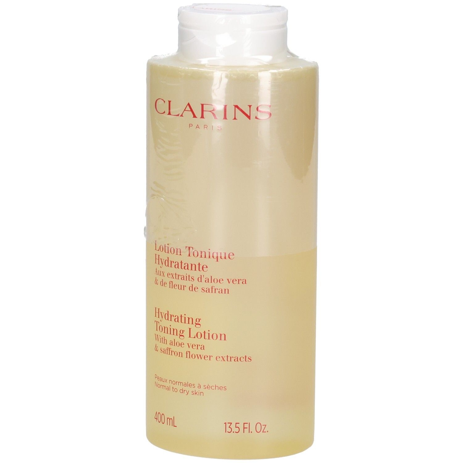 Clarins Lotion Tonique Hydratante, 400 ml, aux extraits d'aloe vera et de fleur de safran.