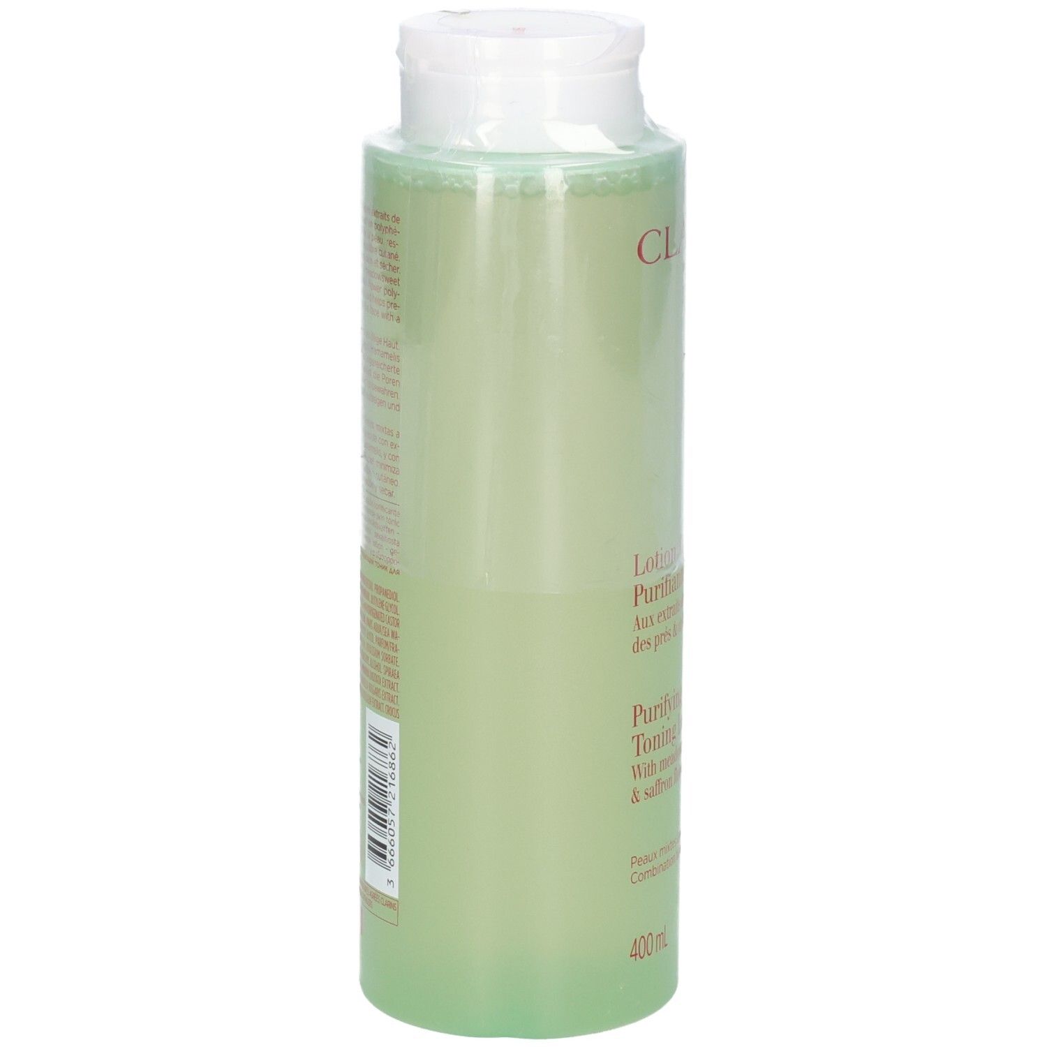 Clarins Reinigende Tonic Lotion, 400 ml, Rückseite der Flasche mit Etikett.