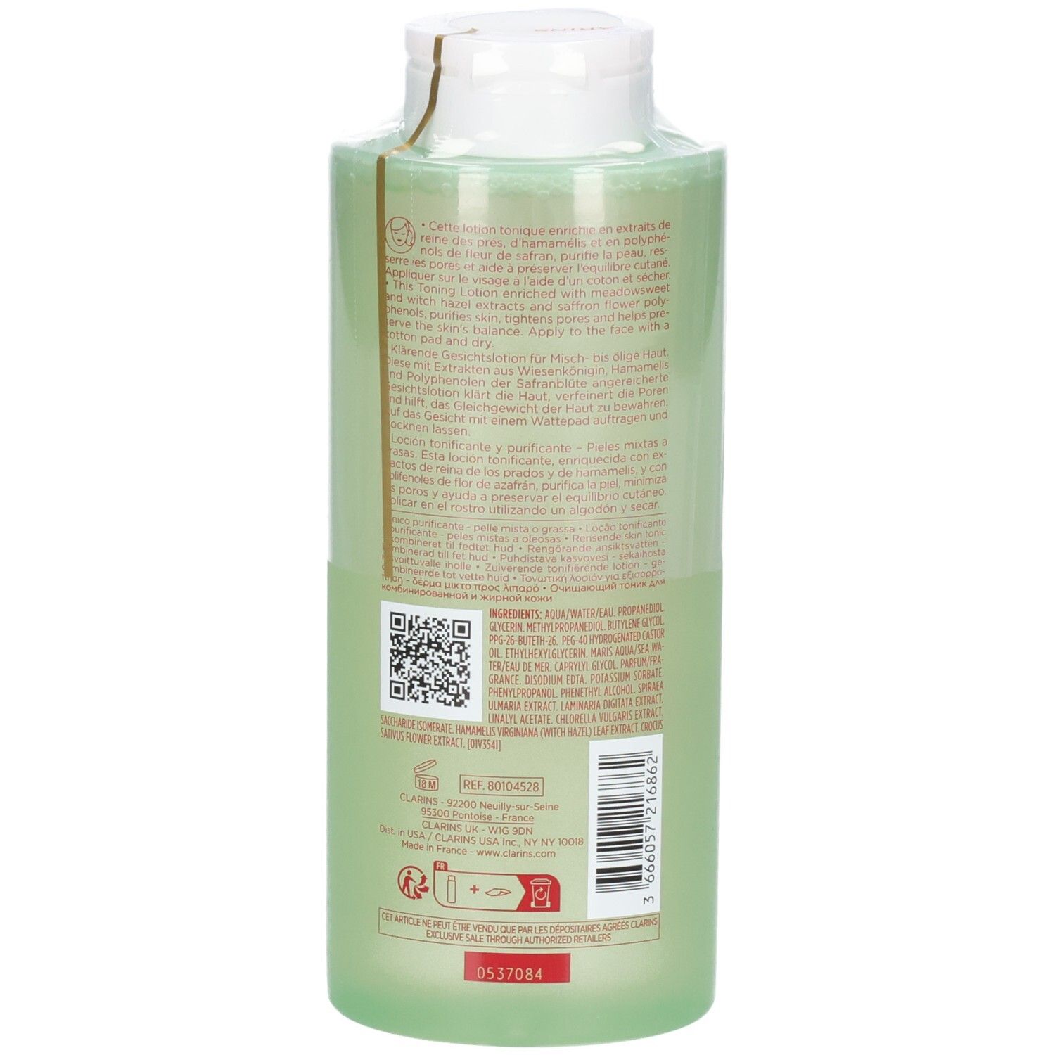Clarins Reinigende Tonic Lotion, 400 ml, Rückseite der Flasche mit QR-Code und Informationen.