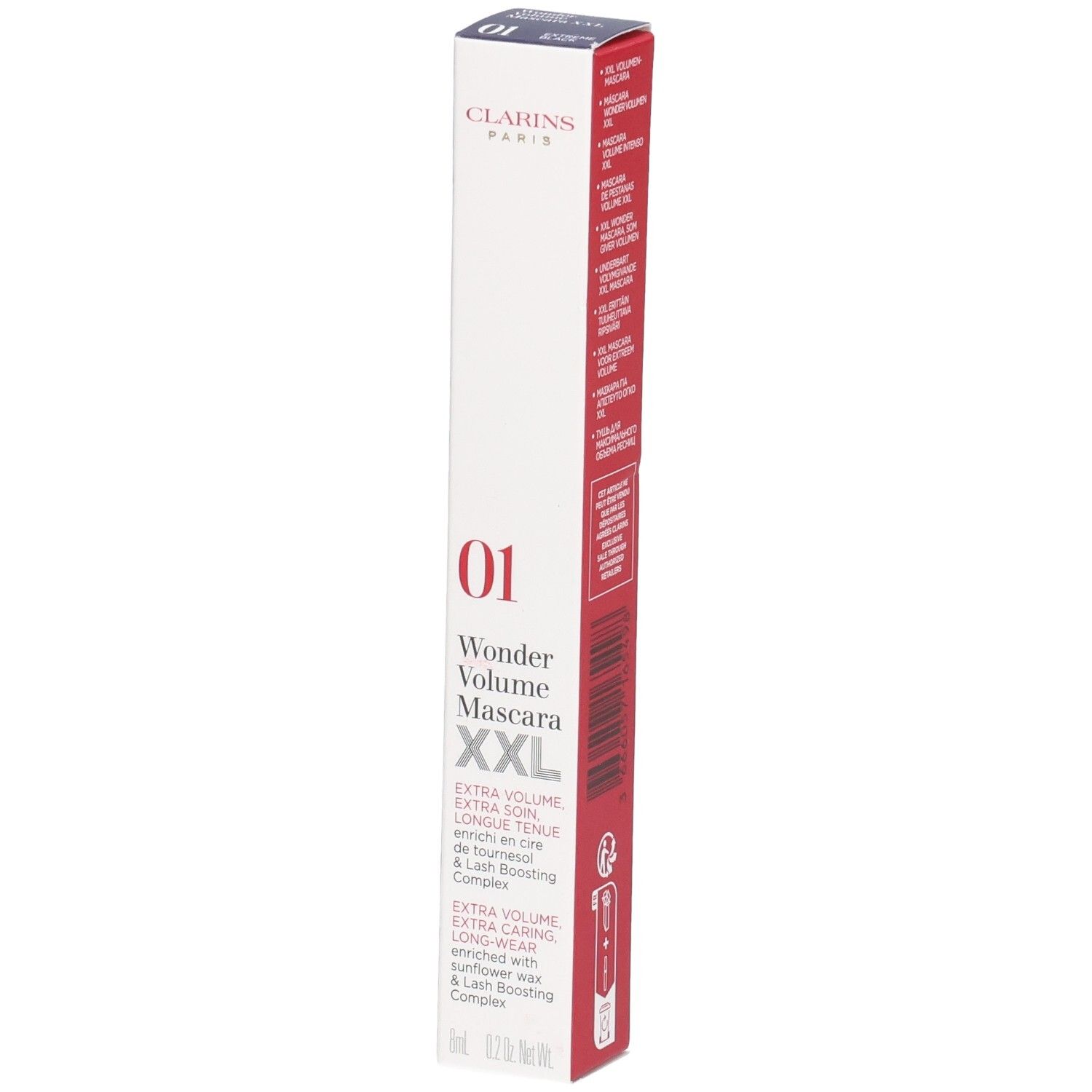 Clarins Mascara Supra Volume XXL, 01 Nero. Weiße Verpackung mit roten und blauen Akzenten.