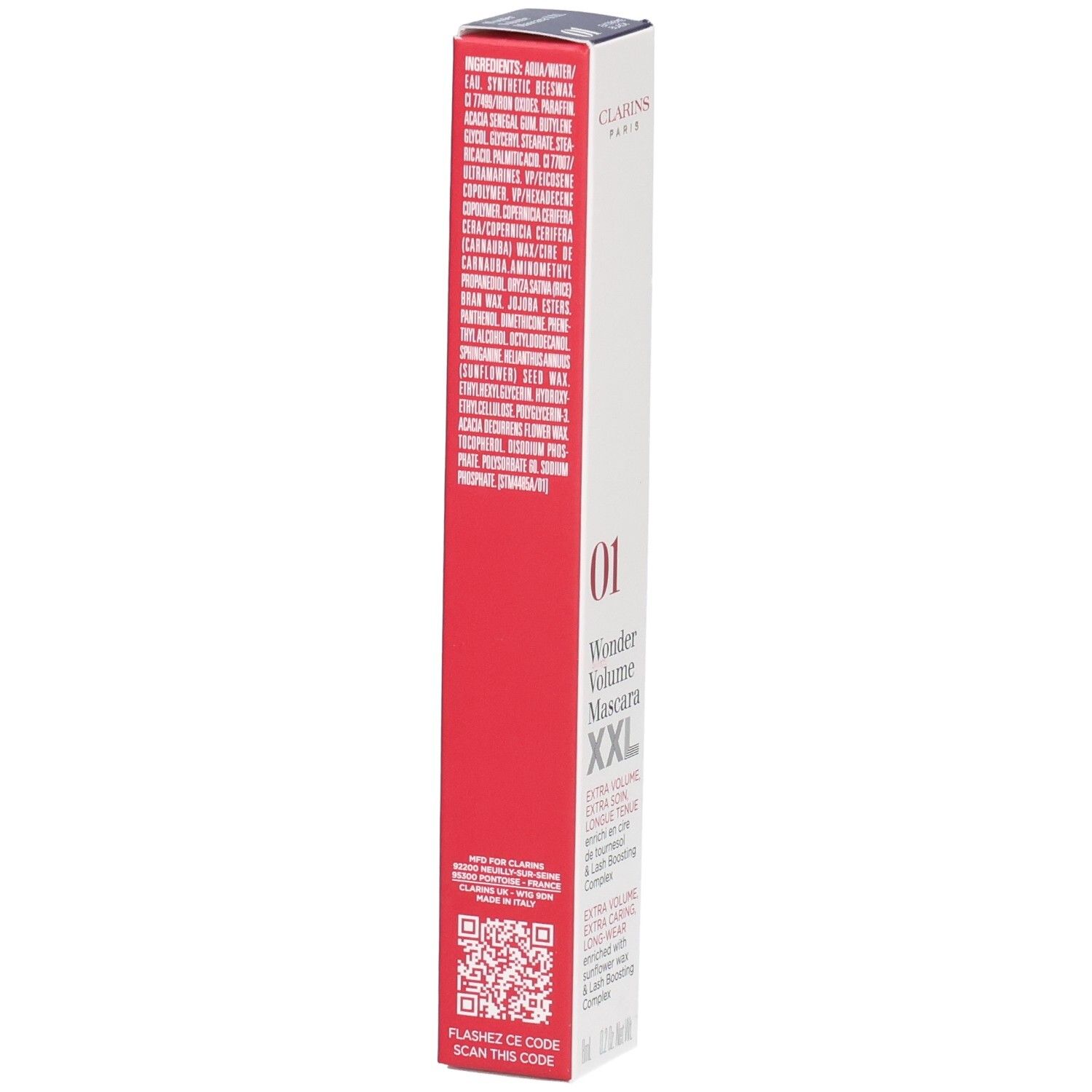 Clarins Mascara Supra Volume XXL, 01 Nero. Rückseite der Verpackung mit Inhaltsstoffen und QR-Code.