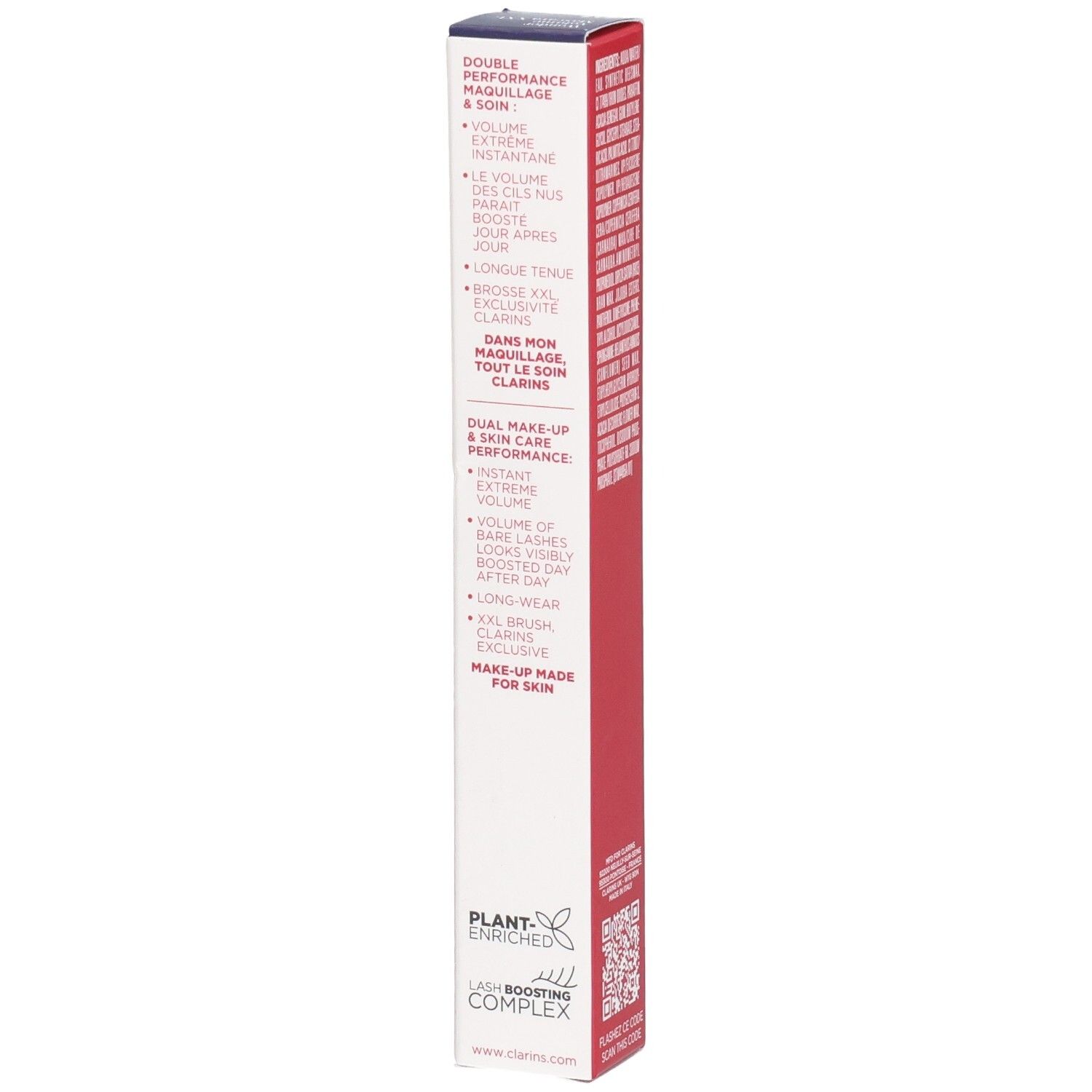 Clarins Mascara Supra Volume XXL, 01 Nero. Seitenansicht der Verpackung mit Produktmerkmalen.