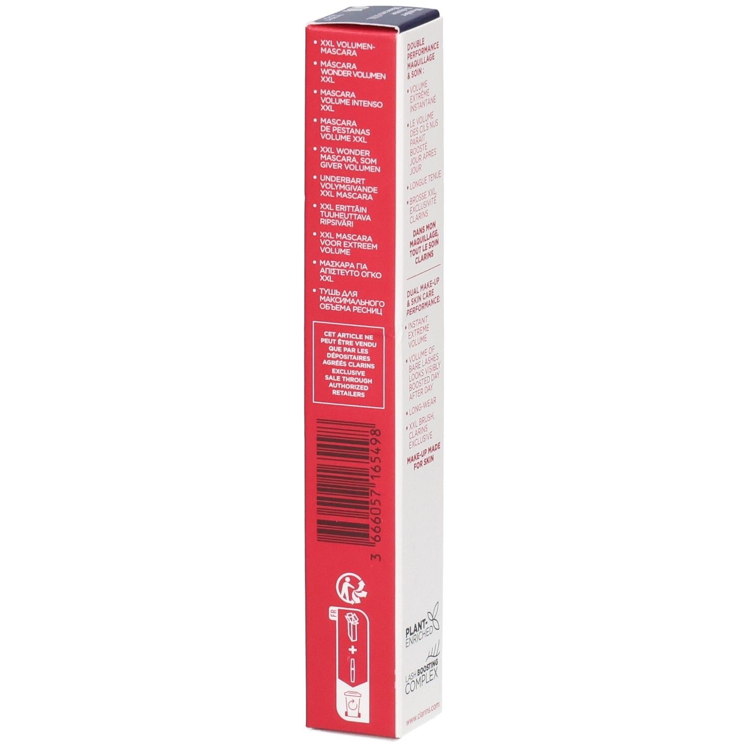 Clarins Mascara Supra Volume XXL, 01 Nero. Rückseite der Verpackung mit Barcode und Produktinformationen.