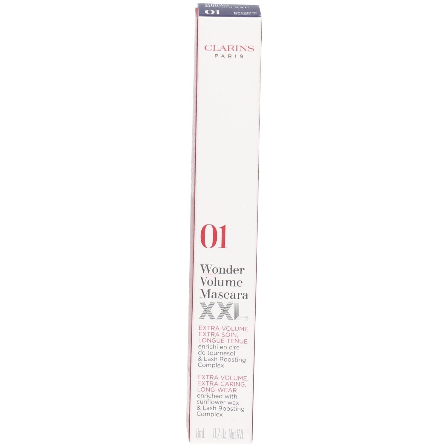 Clarins Mascara Supra Volume XXL, 01 Nero. Vorderseite der Verpackung mit Produktbezeichnung und Farbnummer.