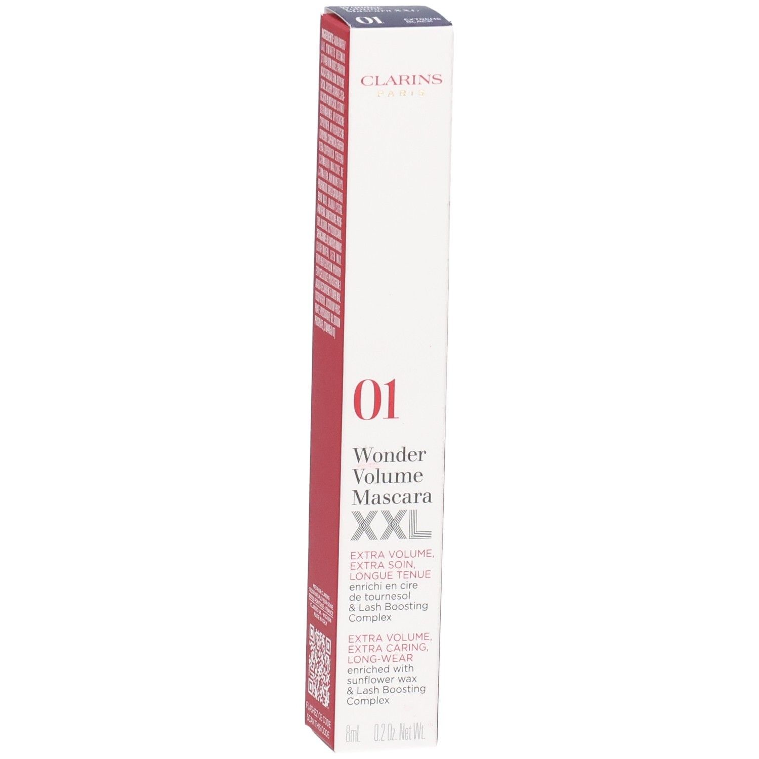Clarins Mascara Supra Volume XXL, 01 Nero. Verpackung mit Produktbezeichnung, Farbnummer und QR-Code.