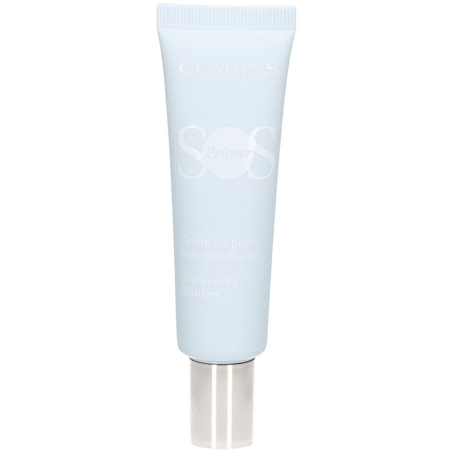 Clarins SOS Primer Tube: Hellblau mit silbernem Verschluss. Zeigt das Produkt vorderseitig.