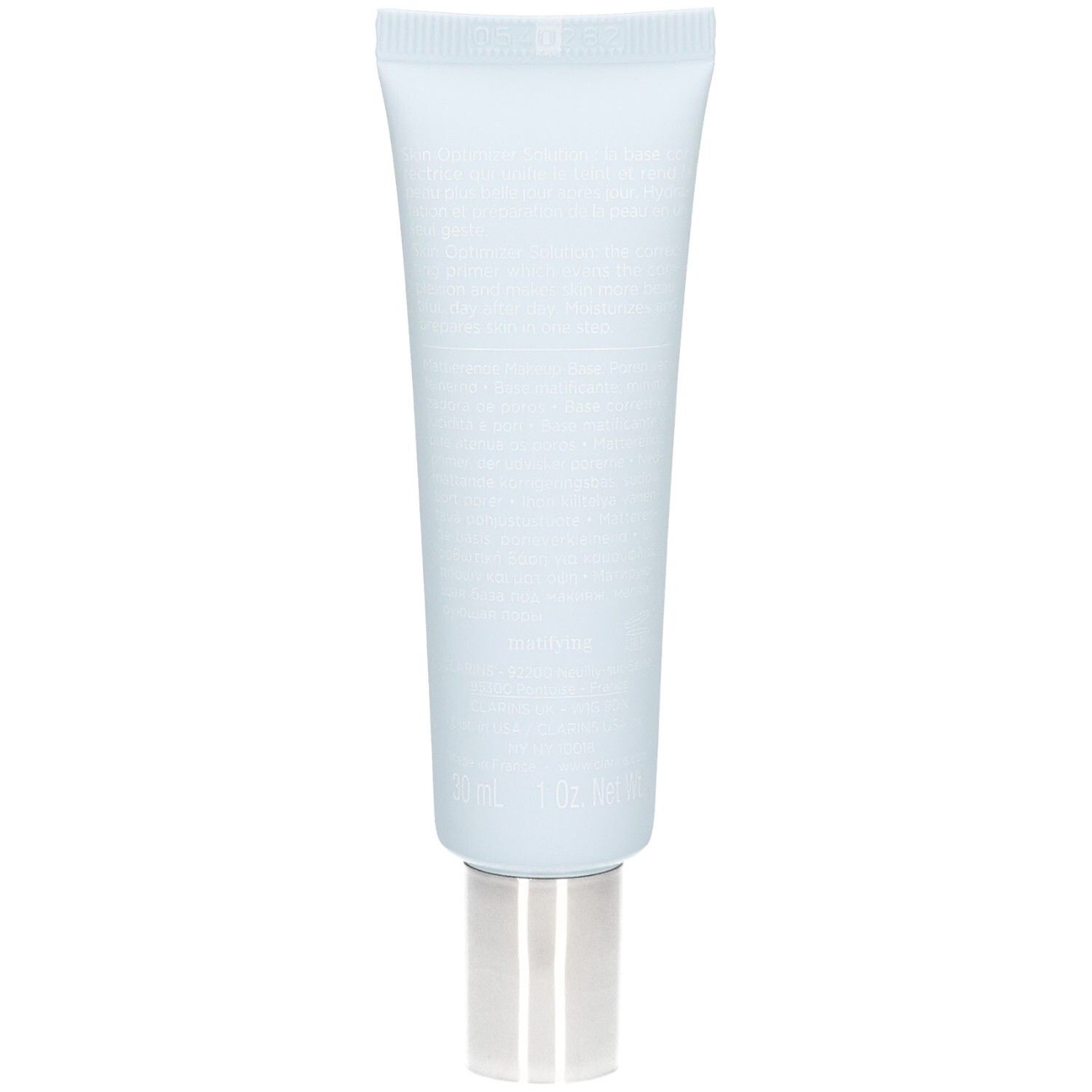 Clarins SOS Primer Tube: Hellblau mit silbernem Verschluss. Zeigt das Produkt rückseitig mit Text.
