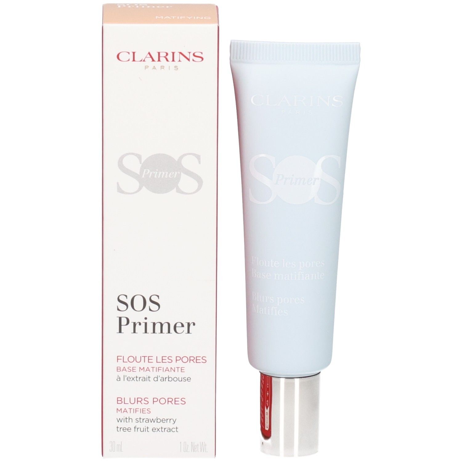 Clarins SOS Primer: Tube und Kartonverpackung. Hellblaue Tube mit silbernem Verschluss.