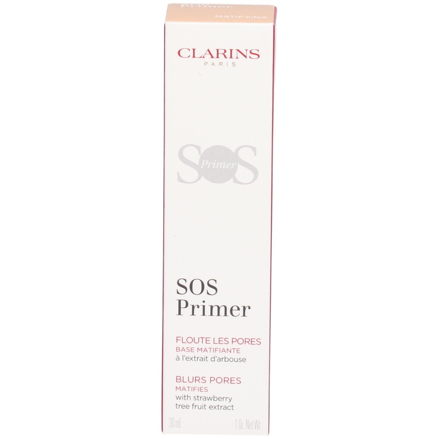 Clarins SOS Primer Kartonverpackung: Vorderseite mit Produktnamen und Beschreibung.