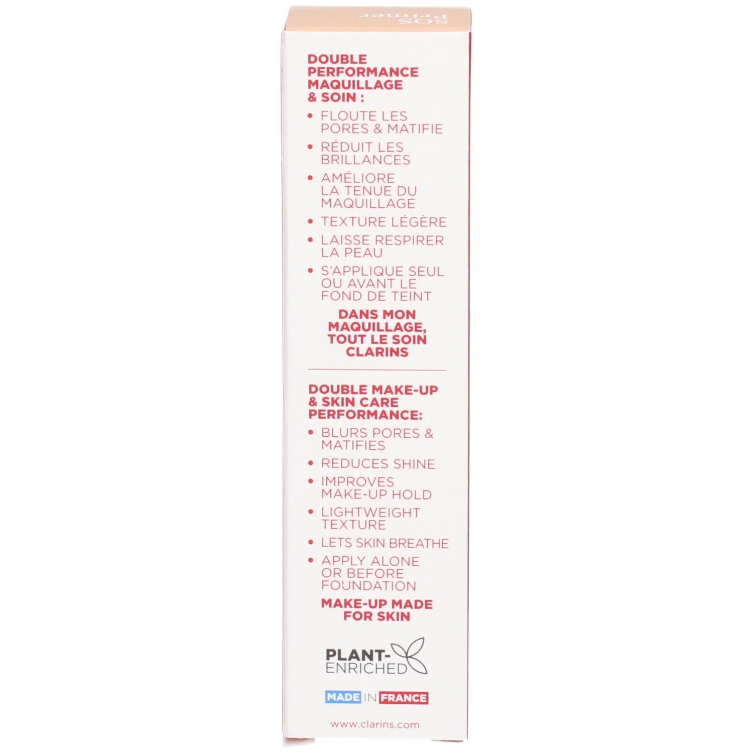Clarins SOS Primer Kartonverpackung: Seitenansicht mit Produktvorteilen in Englisch und Französisch.