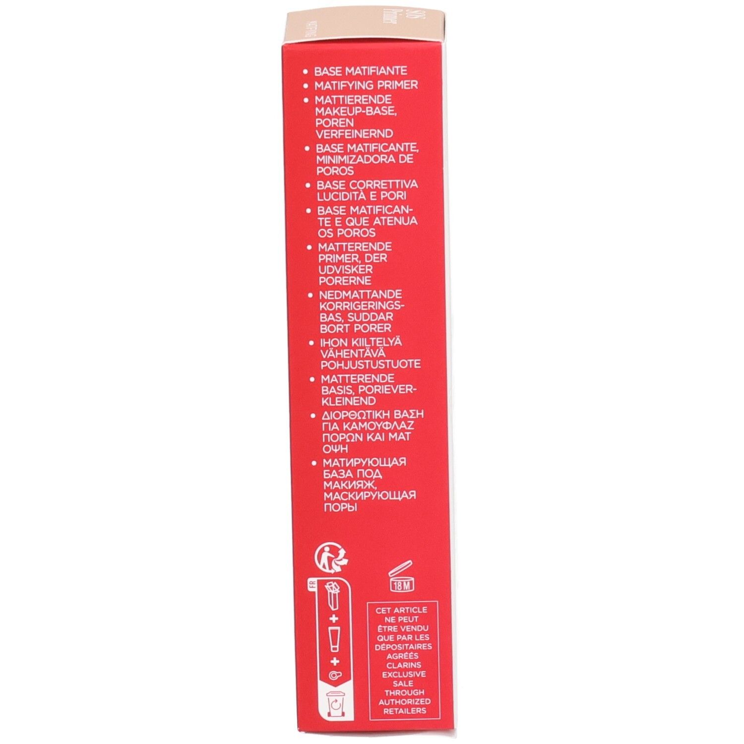Clarins SOS Primer Kartonverpackung: Seitenansicht mit Produktbeschreibungen in mehreren Sprachen.