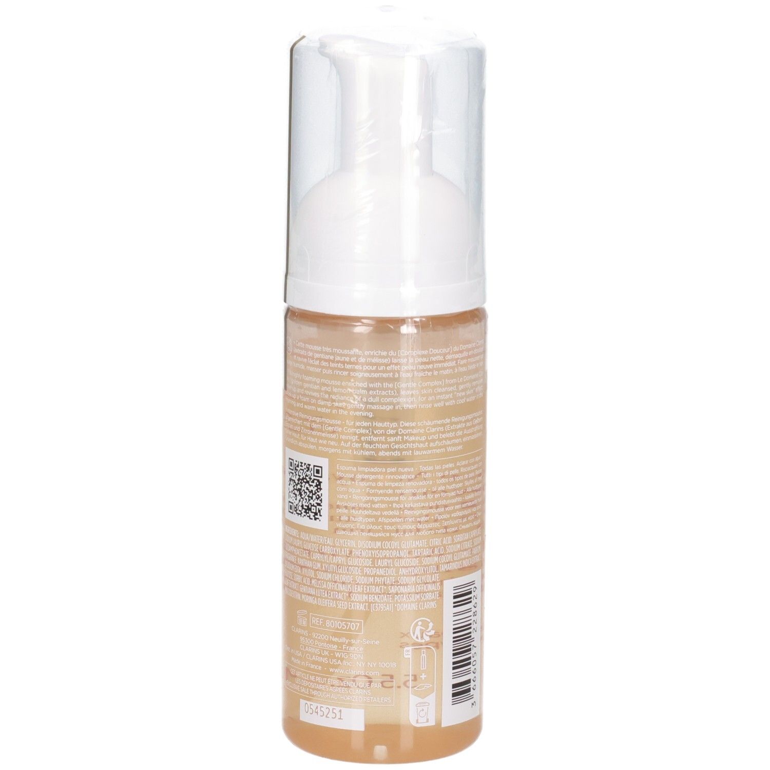 Seite einer Clarins Reinigungsmousse-Flasche mit QR-Code und Text. Transparenter Spender mit gelber Flüssigkeit.