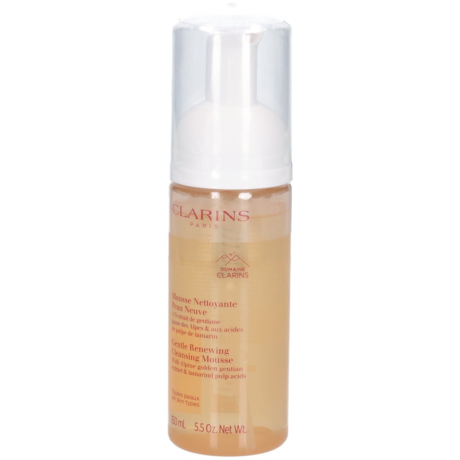 Clarins Reinigungsmousse in einem transparenten Spender mit weißem Pumpkopf. Gelbe Flüssigkeit sichtbar.