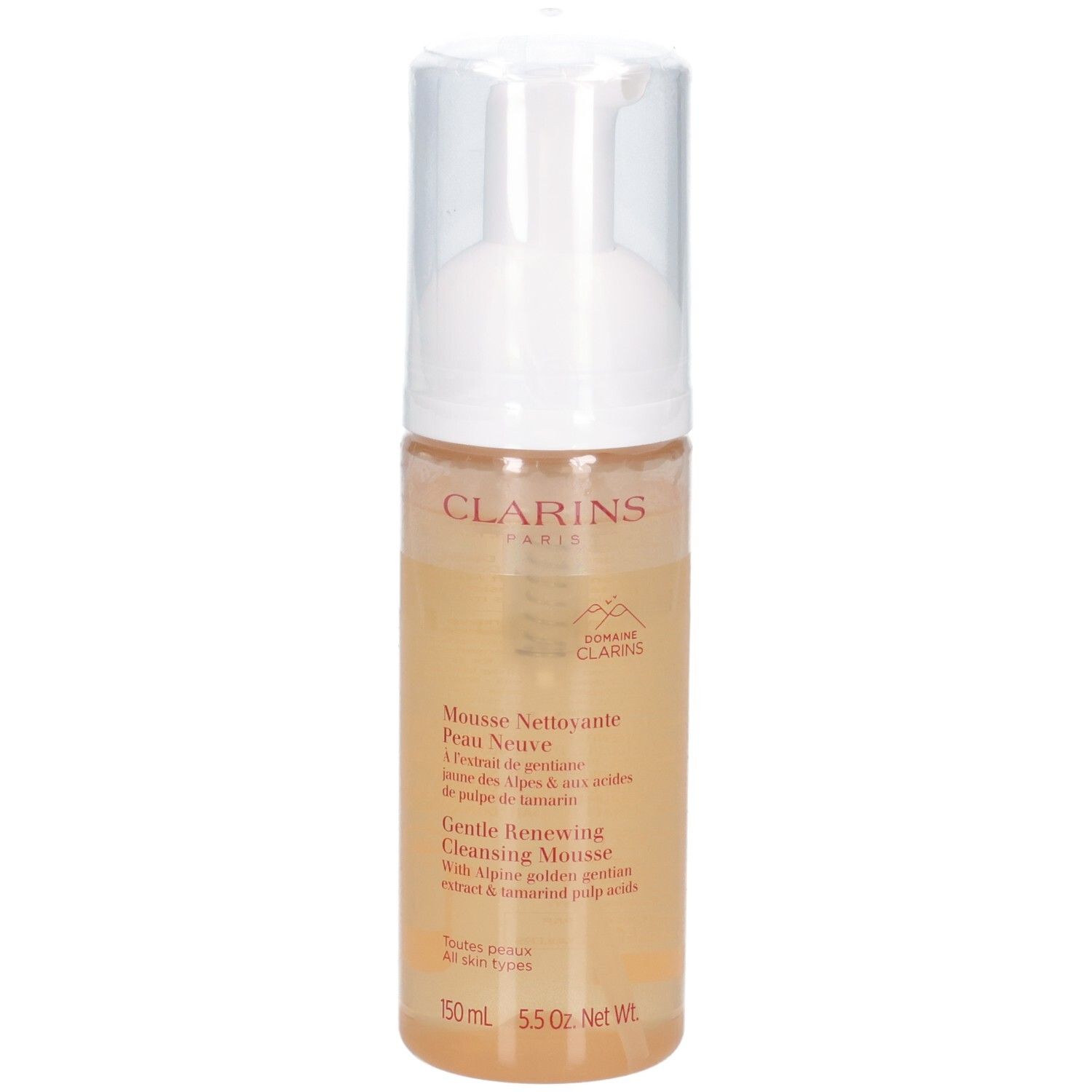 Clarins Reinigungsmousse in einem transparenten Spender mit weißem Pumpkopf. Gelbe Flüssigkeit sichtbar.