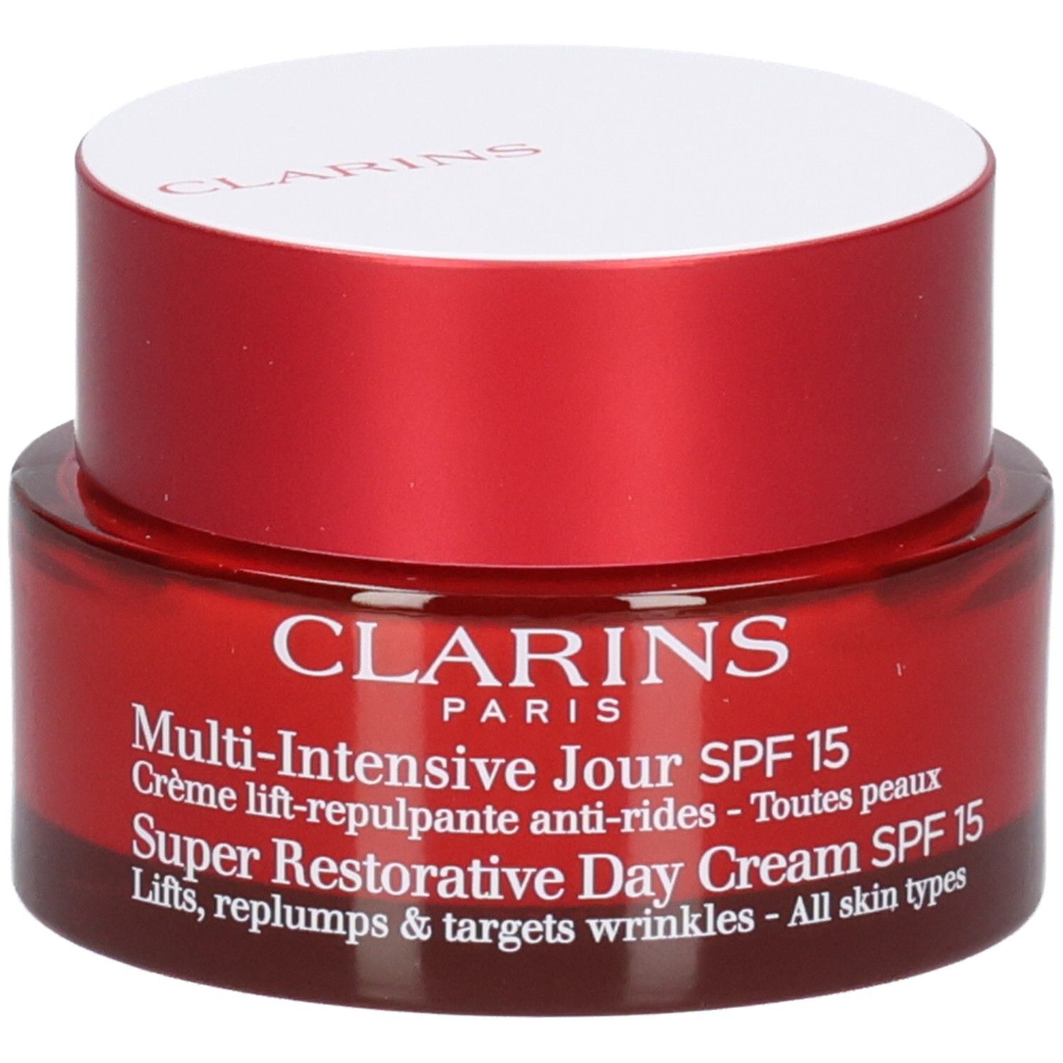 Clarins Multi-Intensive Jour SPF 15 crème dans un pot en verre rouge avec un couvercle blanc.