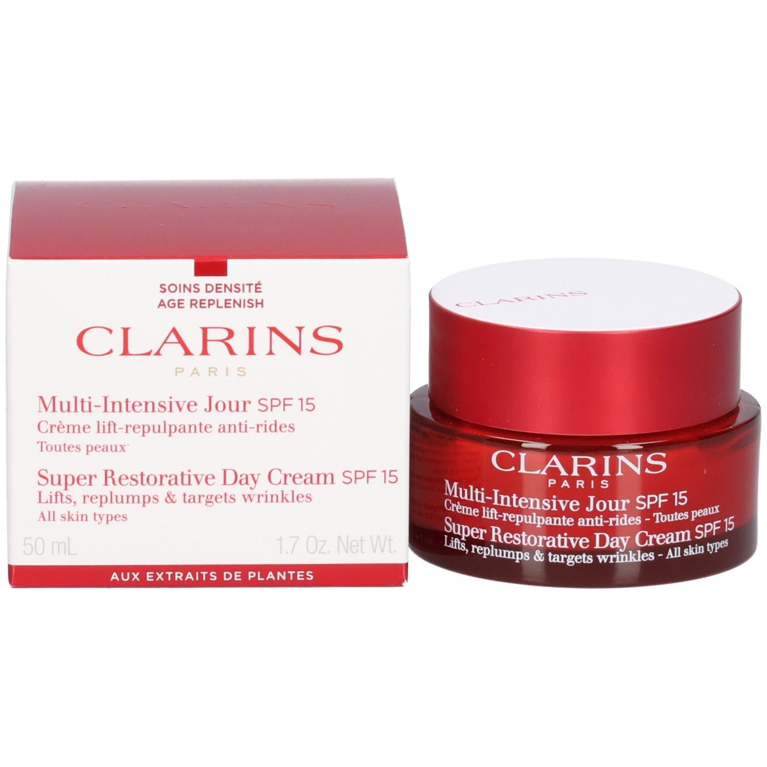 Clarins Multi-Intensive Jour SPF 15 crème à côté de son emballage.