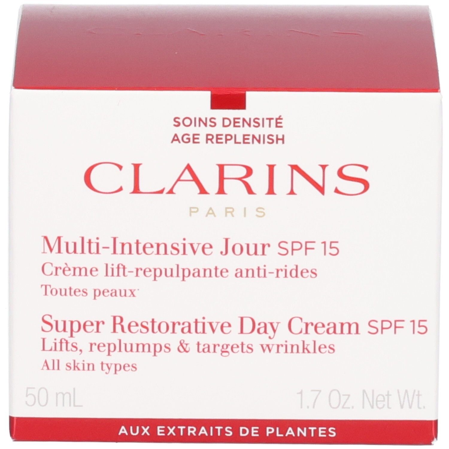 Emballage de la crème Clarins Multi-Intensive Jour SPF 15 avec informations produit.