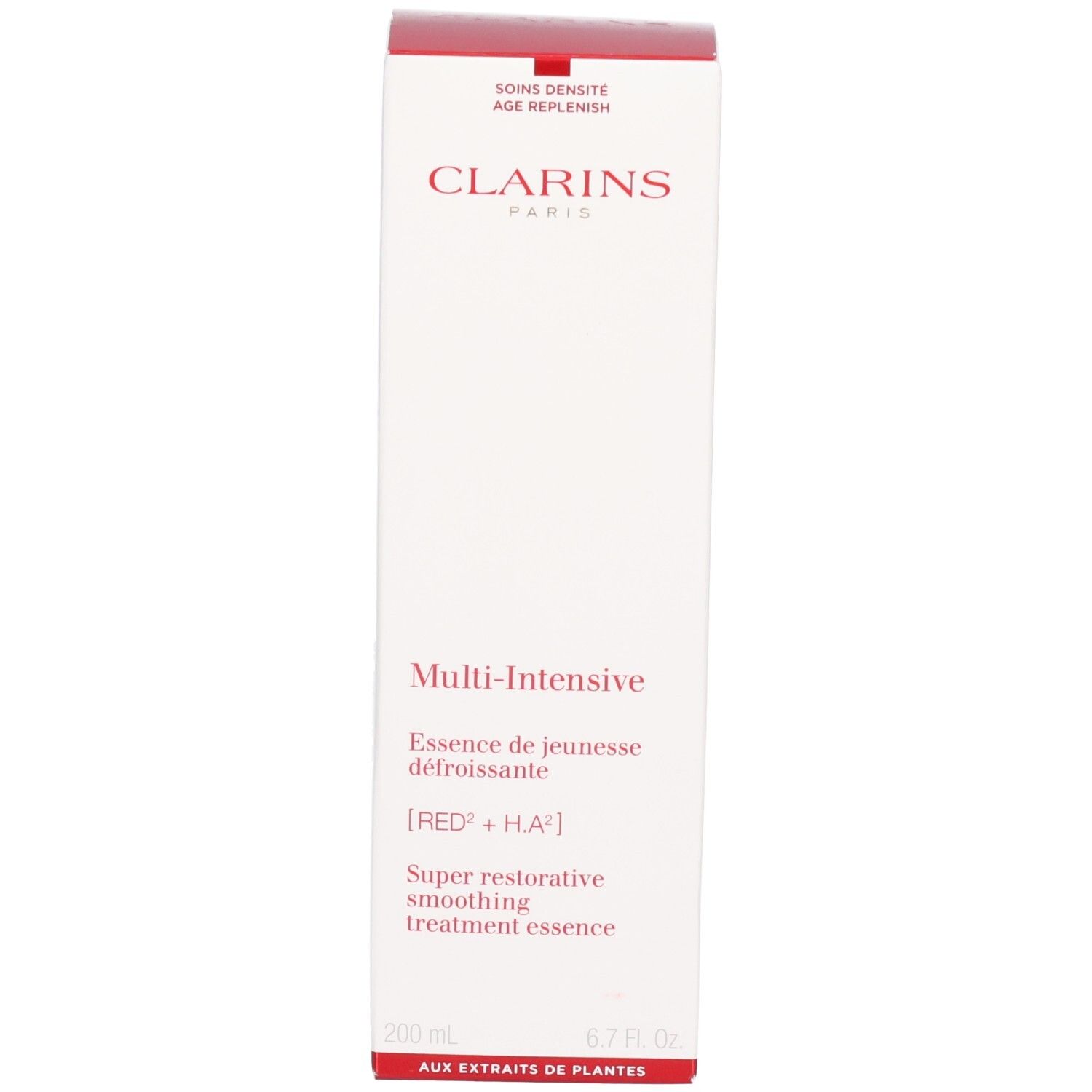 Emballage Clarins Multi-Intensive Essence avec informations produit.