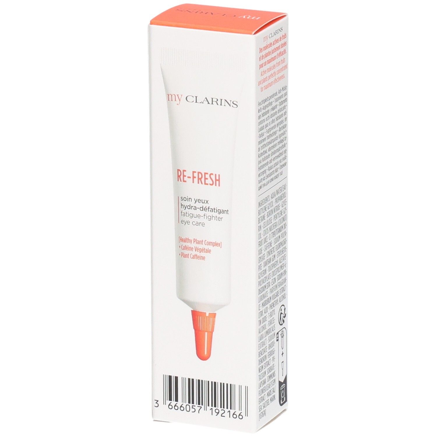 My Clarins Augenpflege-Tube in Umverpackung. Orangefarbener Applikator sichtbar.