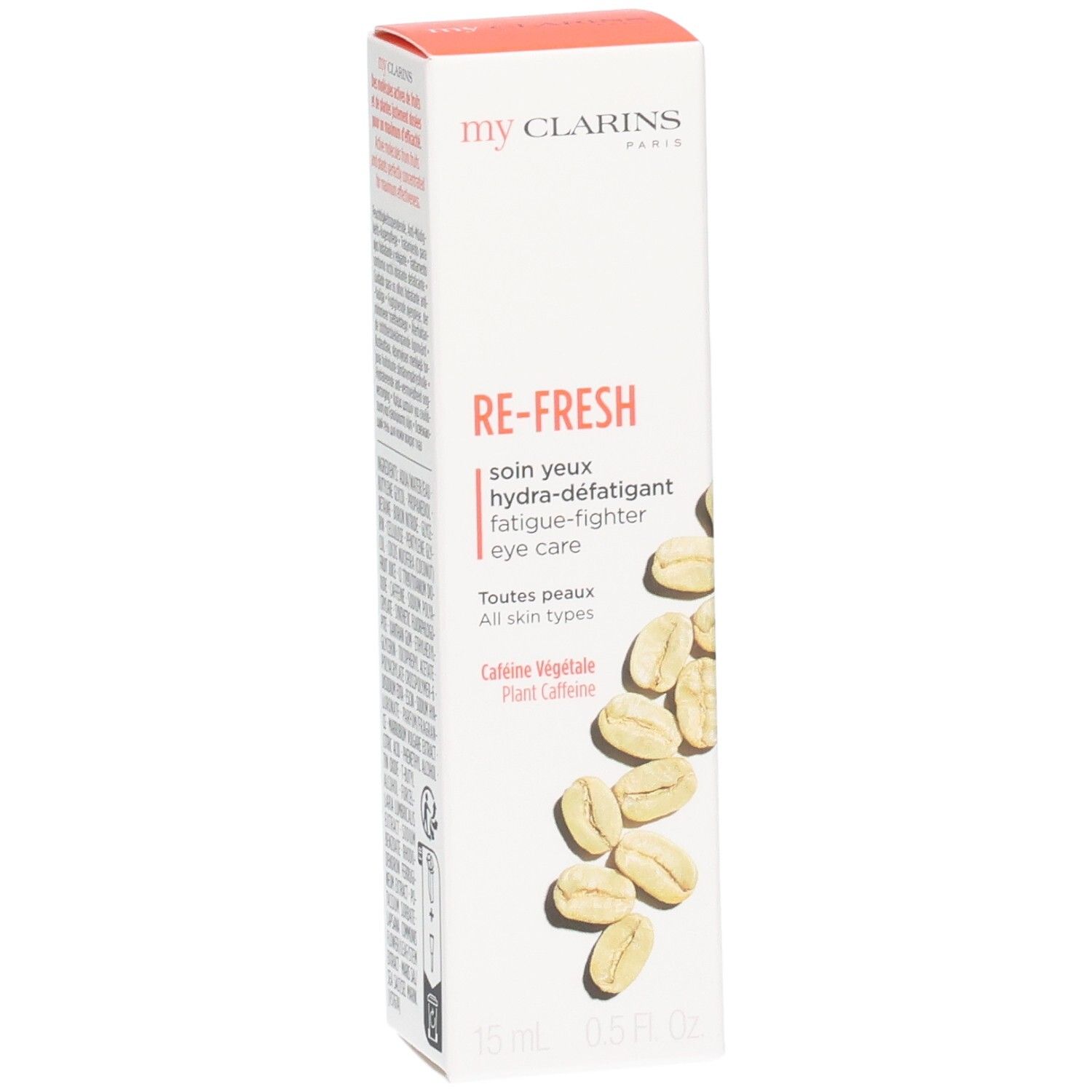 Vorderseite der My Clarins Augenpflege-Verpackung mit Produktbezeichnung 'RE-FRESH'.