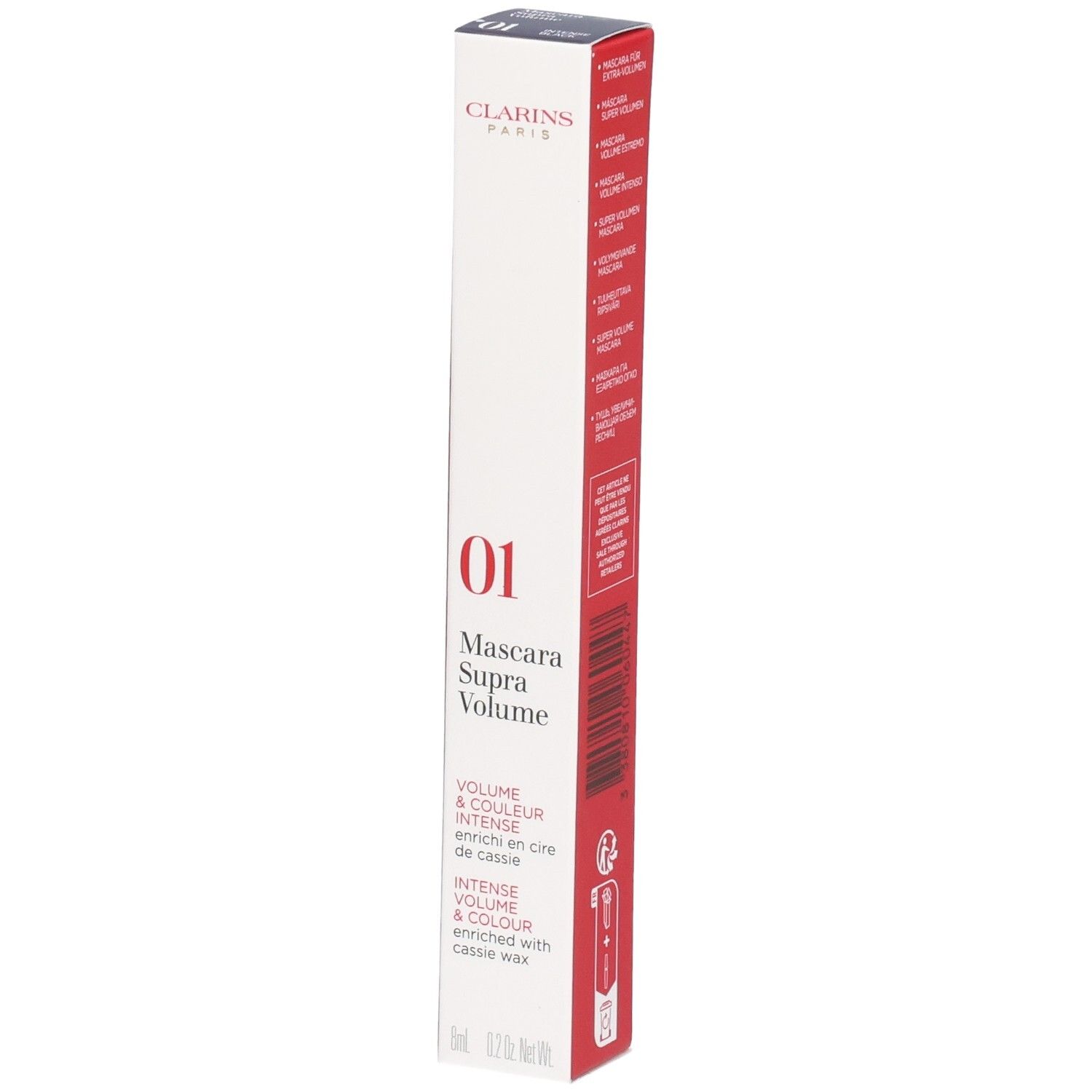 Clarins Supra Volume Mascara Verpackung, Farbe 01 Intense Black.