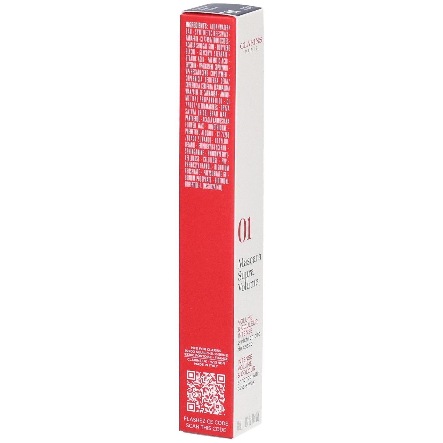 Clarins Supra Volume Mascara Verpackung mit Inhaltsstoffliste.