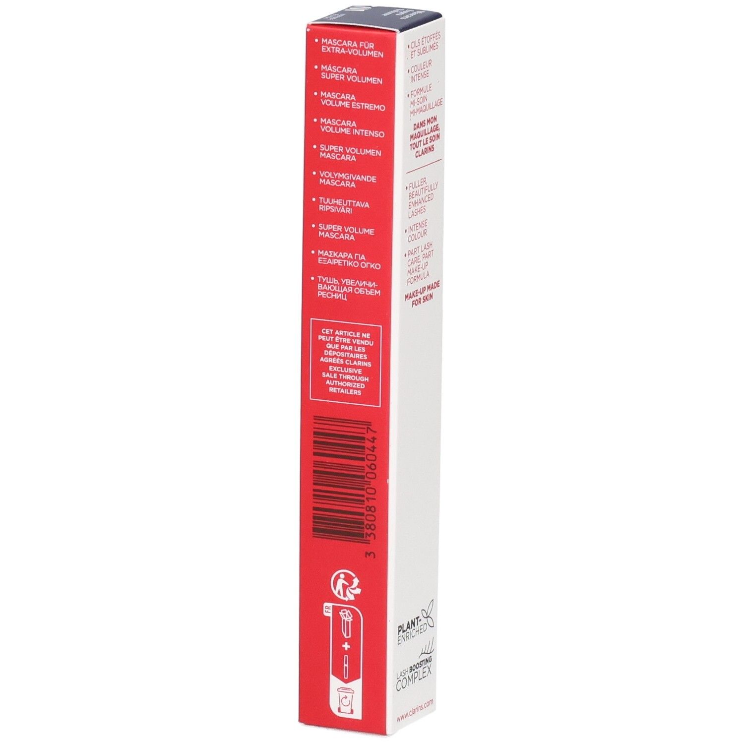 Clarins Supra Volume Mascara Verpackung mit Barcode und Hinweisen.