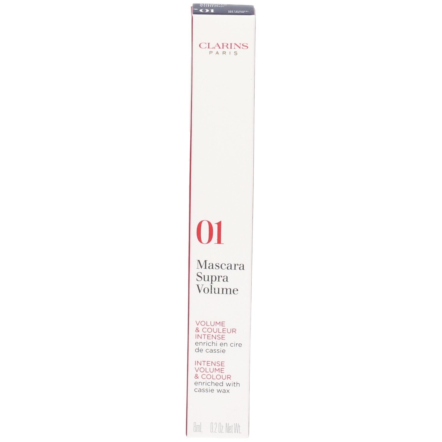 Clarins Supra Volume Mascara Verpackung, Farbe 01 Intense Black.